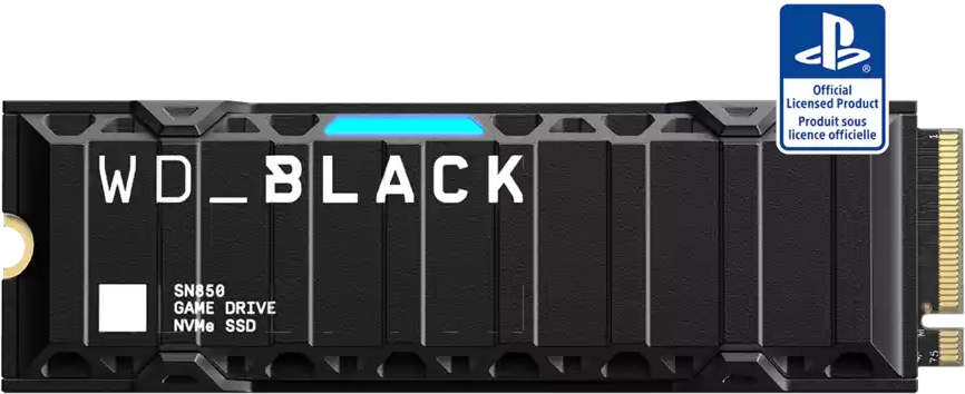 WD_BLACK SN850 Game Drive NVMe SSD in zwart, met een PlayStation-logo.