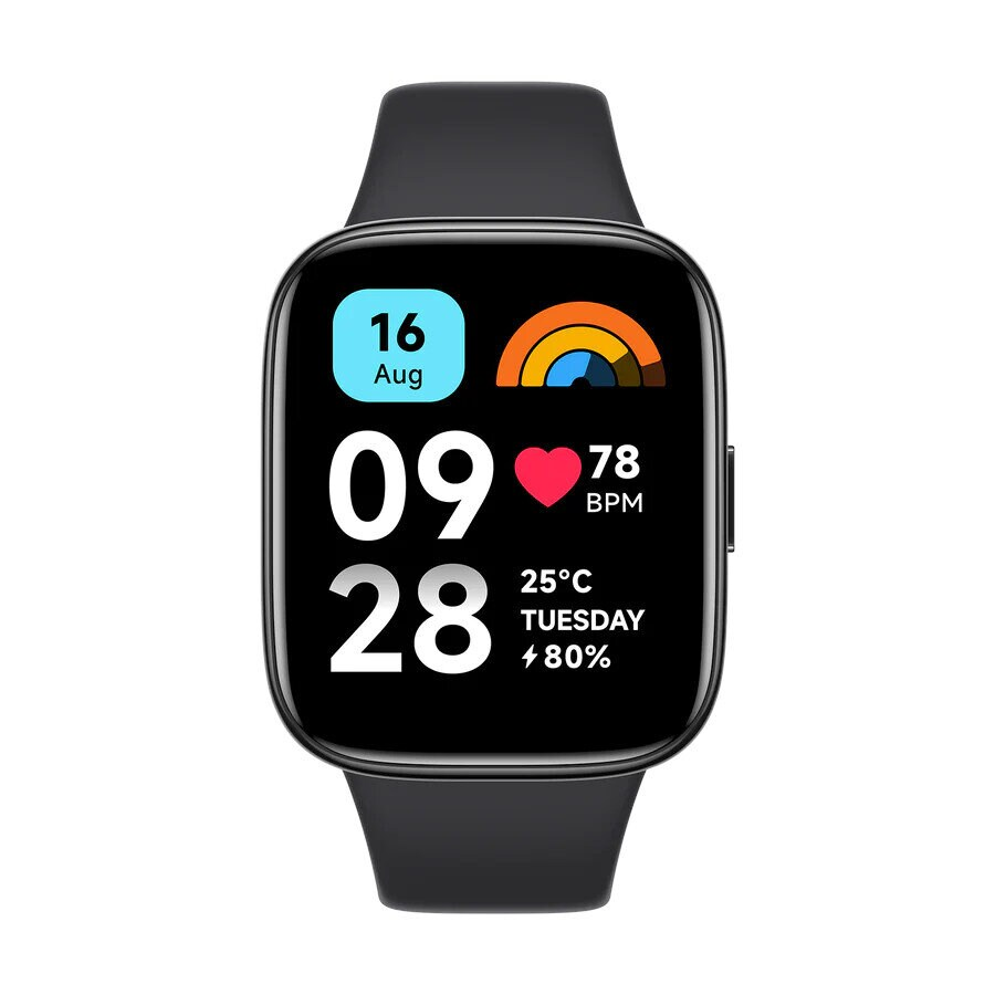 Czarny smartwatch wyświetlający godzinę, datę, tętno i temperaturę na czarnym tle.