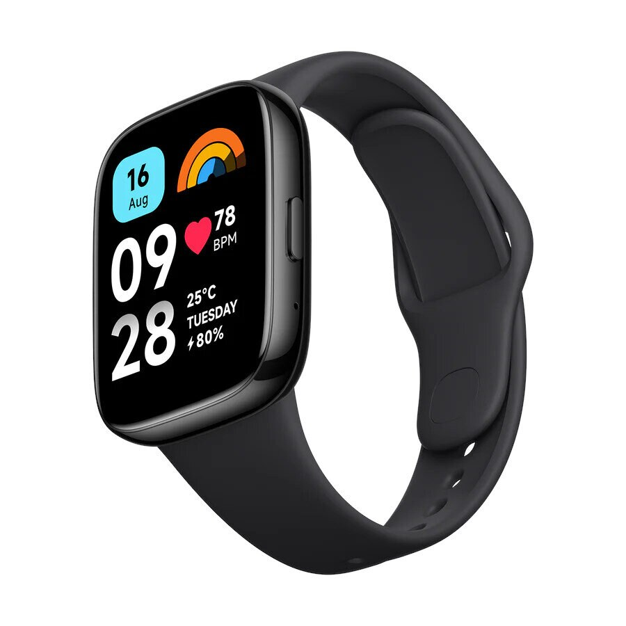 Czarny smartwatch wyświetlający dane dotyczące zdrowia na zakrzywionym ekranie. Pasek jest czarny. Tło jest białe.