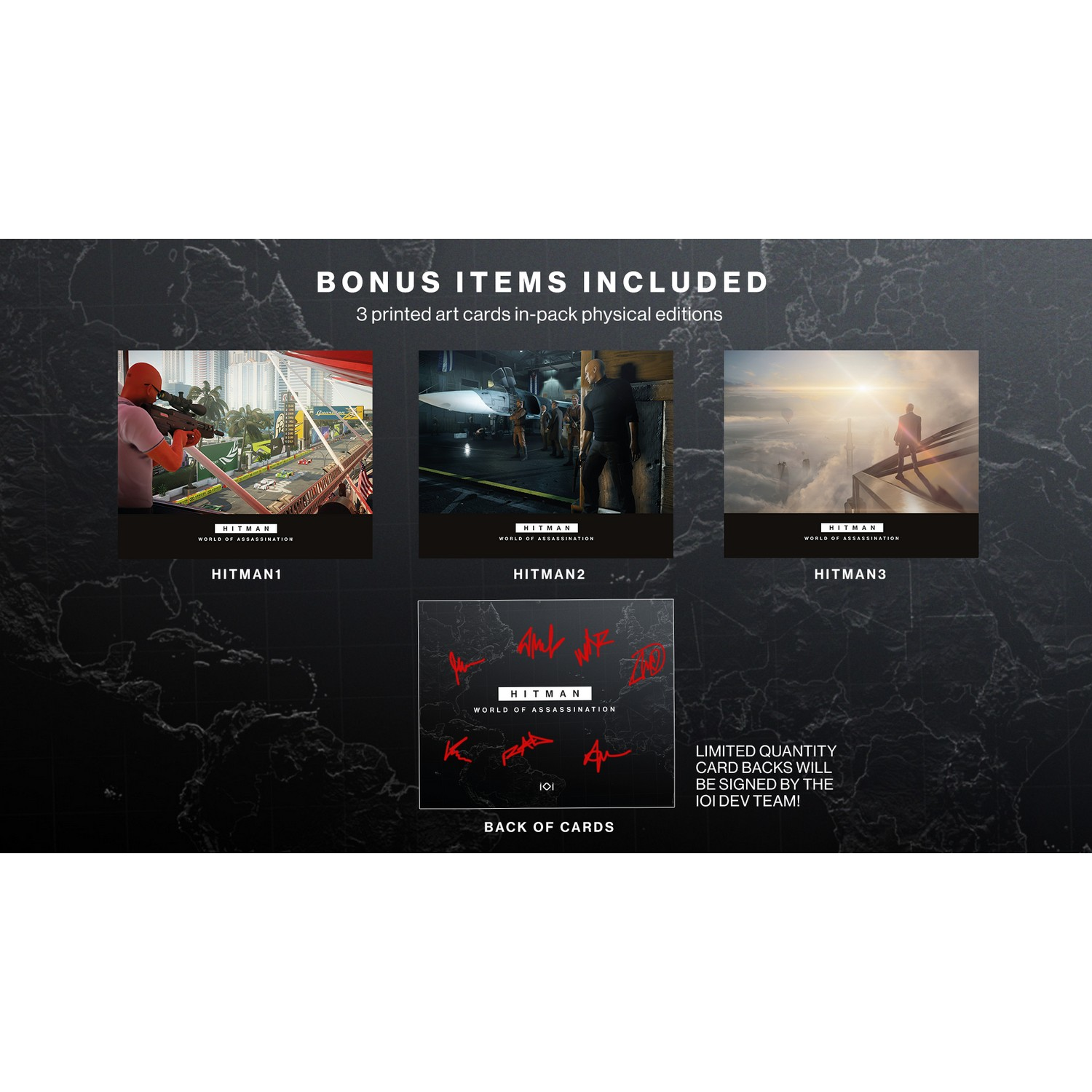 Drie Hitman game covers en gesigneerde kaarten met de titel 'World of Assassination'.
