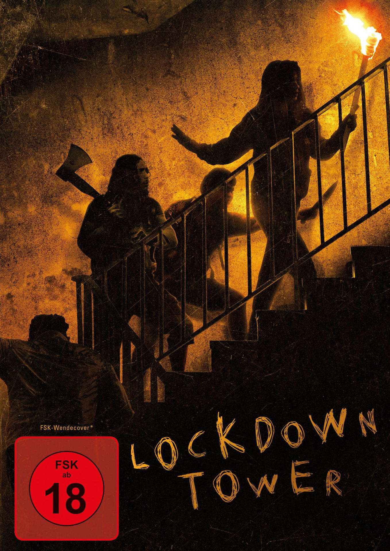 Filmplakat: Menschen rennen Treppen runter, einer hält eine Fackel, verfolgt. Dunkle Szene.