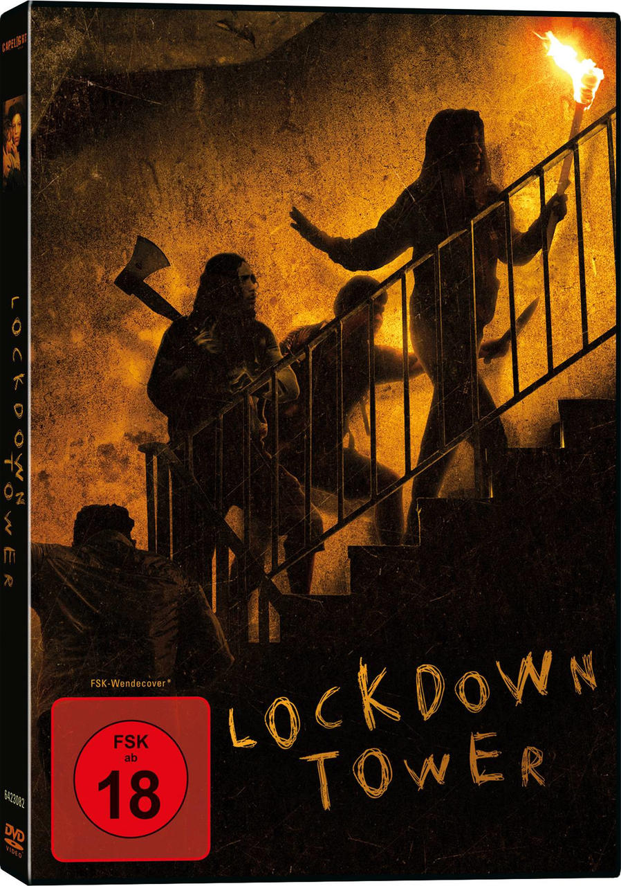 DVD-Cover eines Films mit dem Titel 'Lockdown Tower'. Es zeigt Menschen, die mit Waffen Treppen hochlaufen.