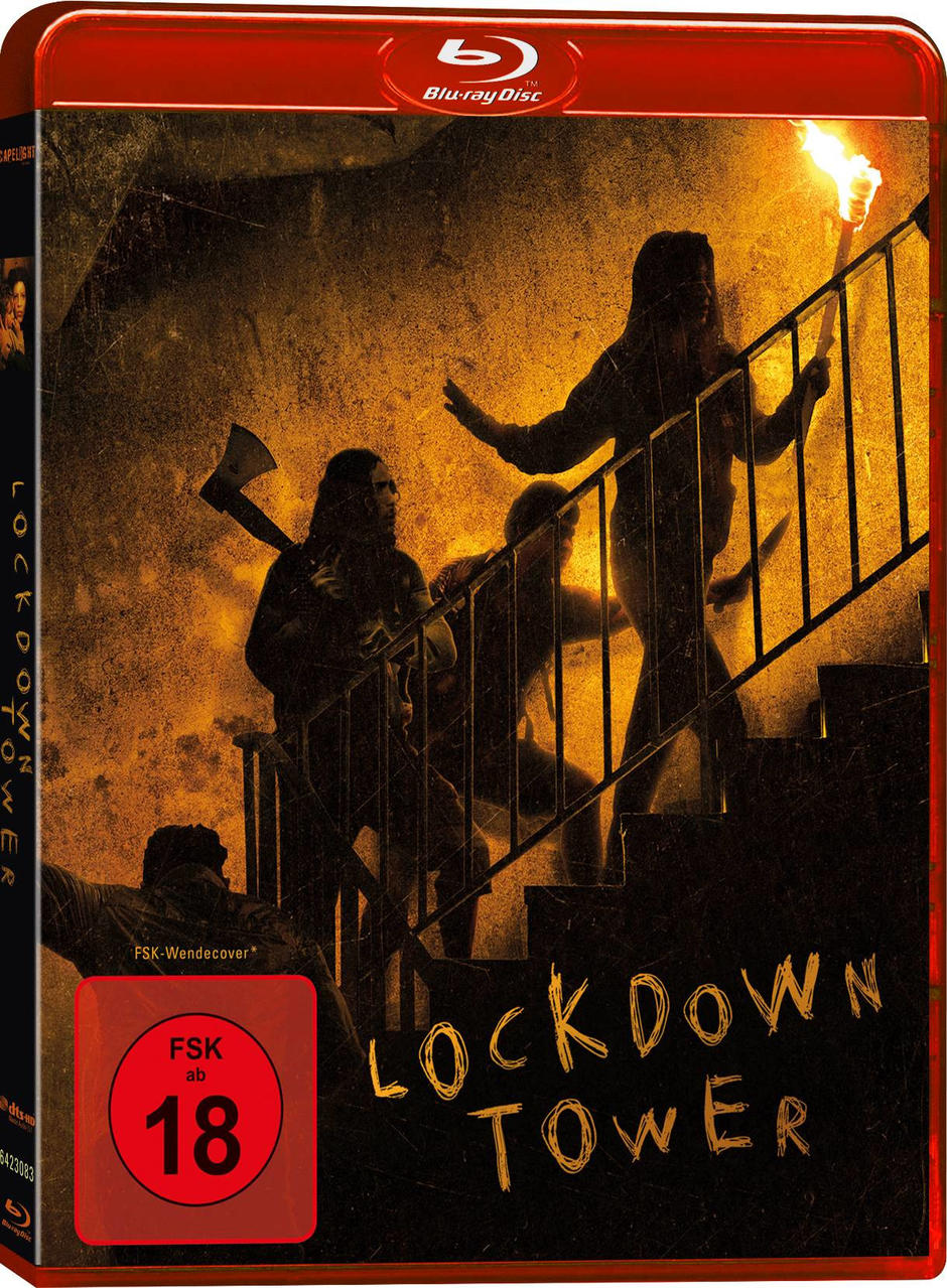 Filmcover von 'Lockdown Tower' mit Personen auf Treppe.