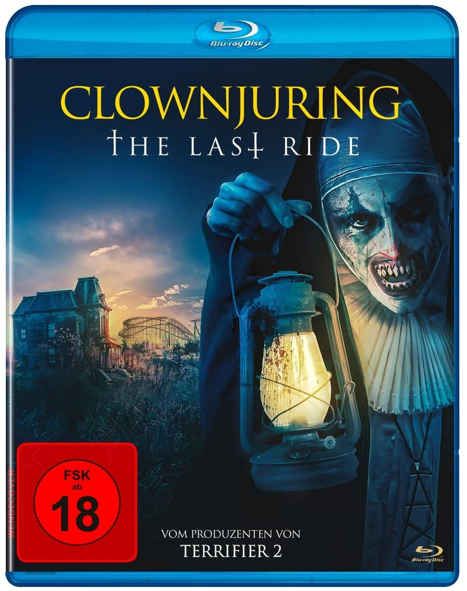 Blu-ray-Cover eines Horrorfilms, ein Clown mit Laterne, Nachtszene. Text: Clownjuring.