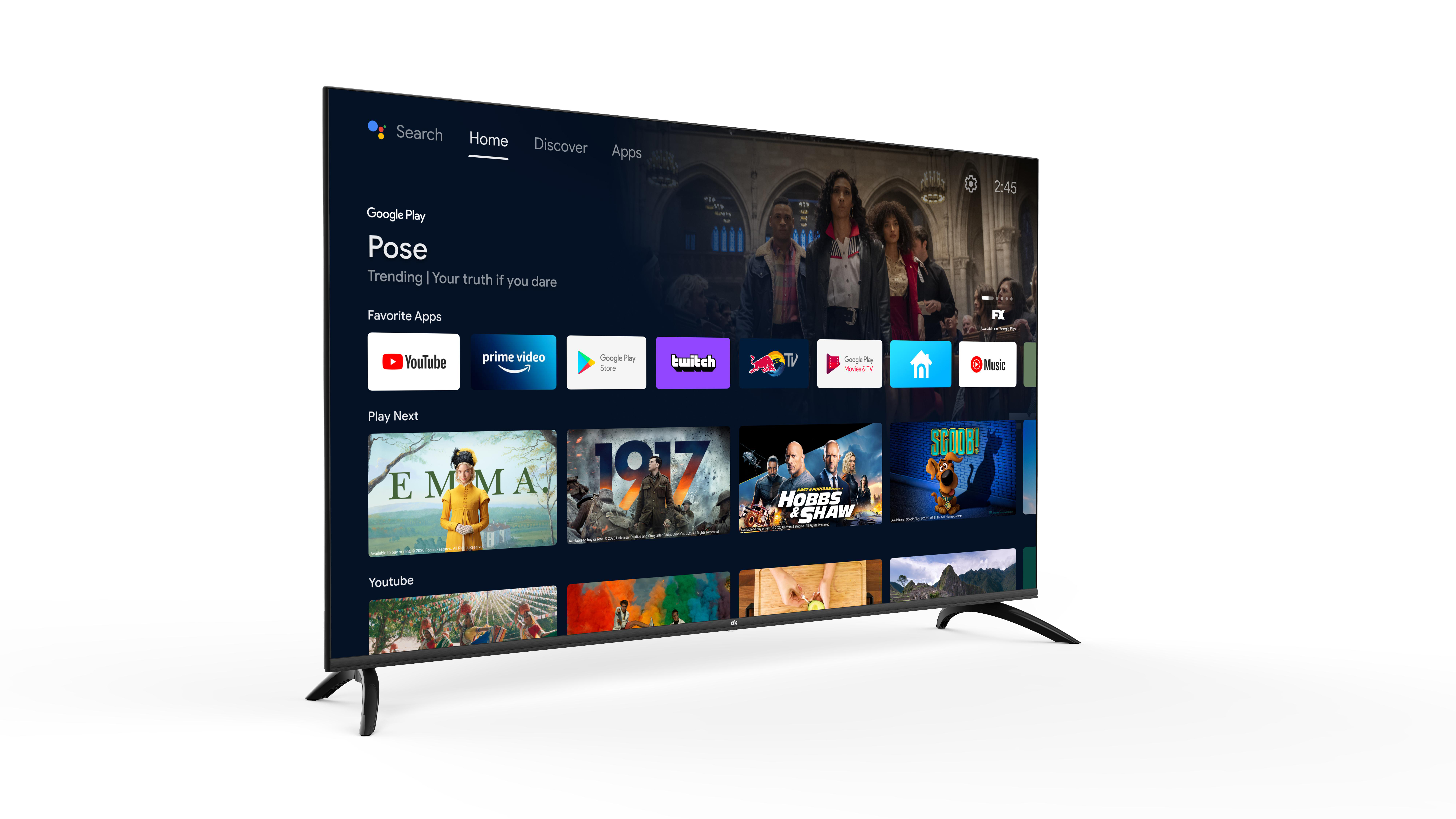 Ein großer, moderner Fernseher, der eine Streaming-Oberfläche zeigt, auf weißem Grund.