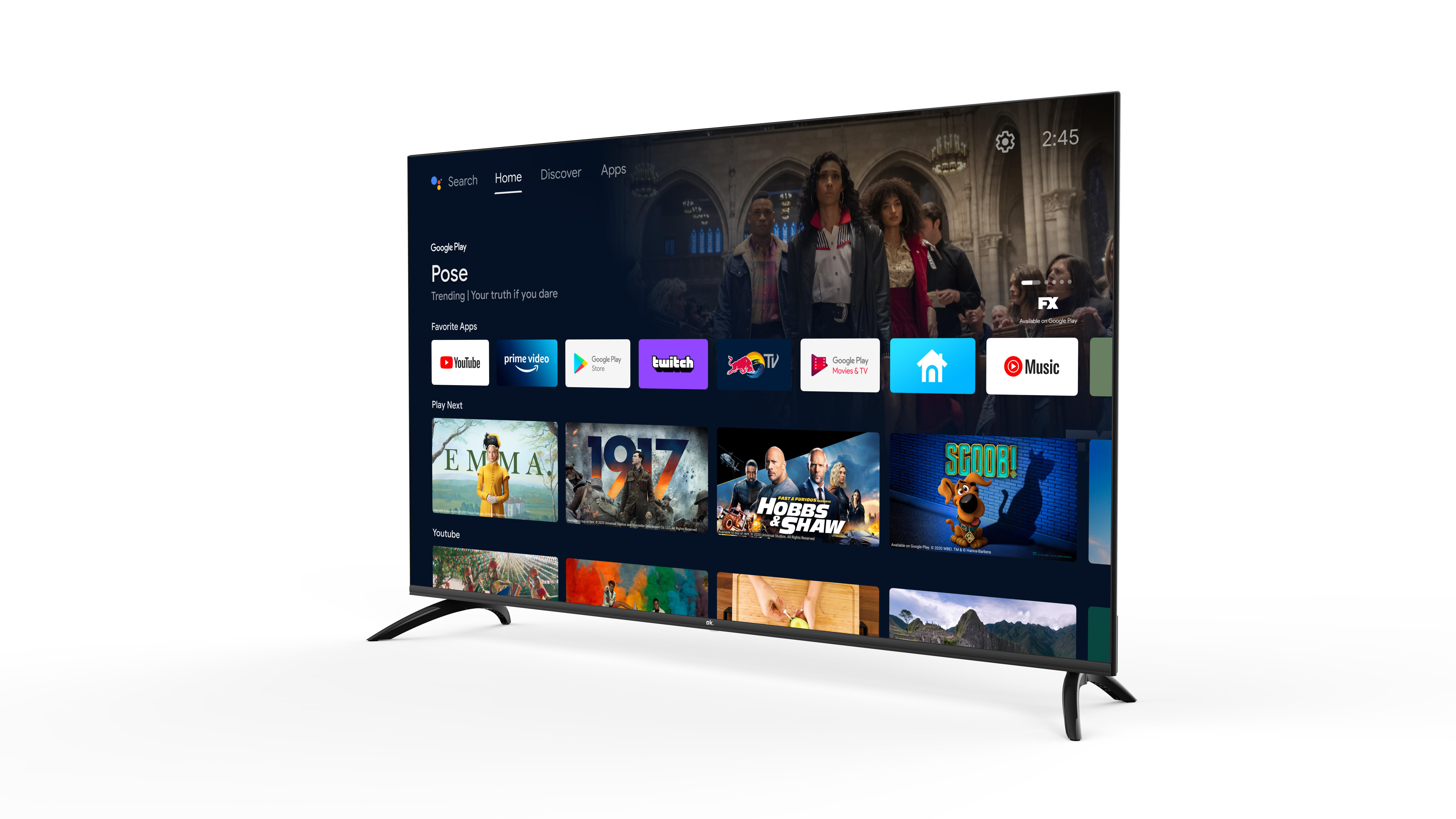 Ein großer Flachbildfernseher, der eine Google TV-Oberfläche mit verschiedenen Apps auf weißem Hintergrund anzeigt.