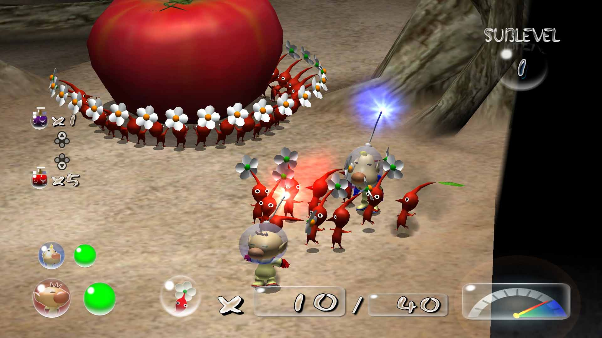 Eine Videospielszenen mit Zeichentrickfiguren und einer großen Tomate. Das Spiel findet in einer waldähnlichen Umgebung statt.