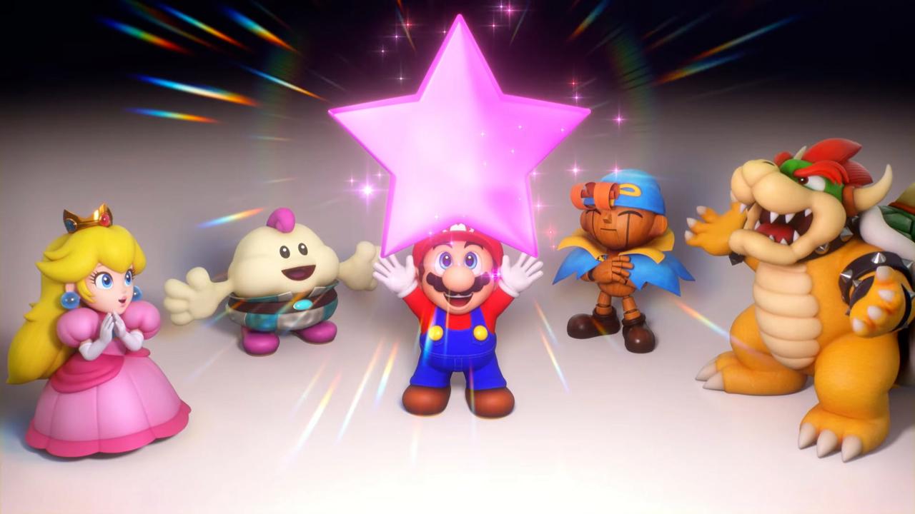 Mario und Freunde feiern mit einem rosa Stern. Bowser ist anwesend. Bunter Hintergrund.