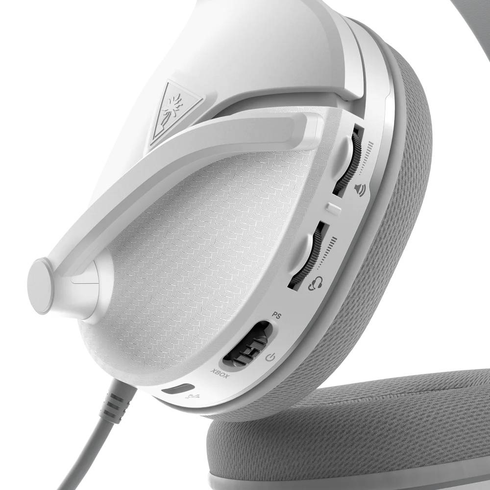 Auriculares para juegos blancos y grises. Tiene controles de volumen, encendido y Xbox/PS.