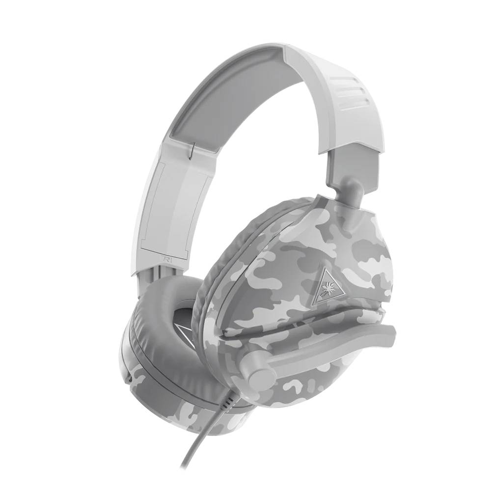 Auriculares camuflaje blanco y gris con micrófono, sobre un fondo blanco.