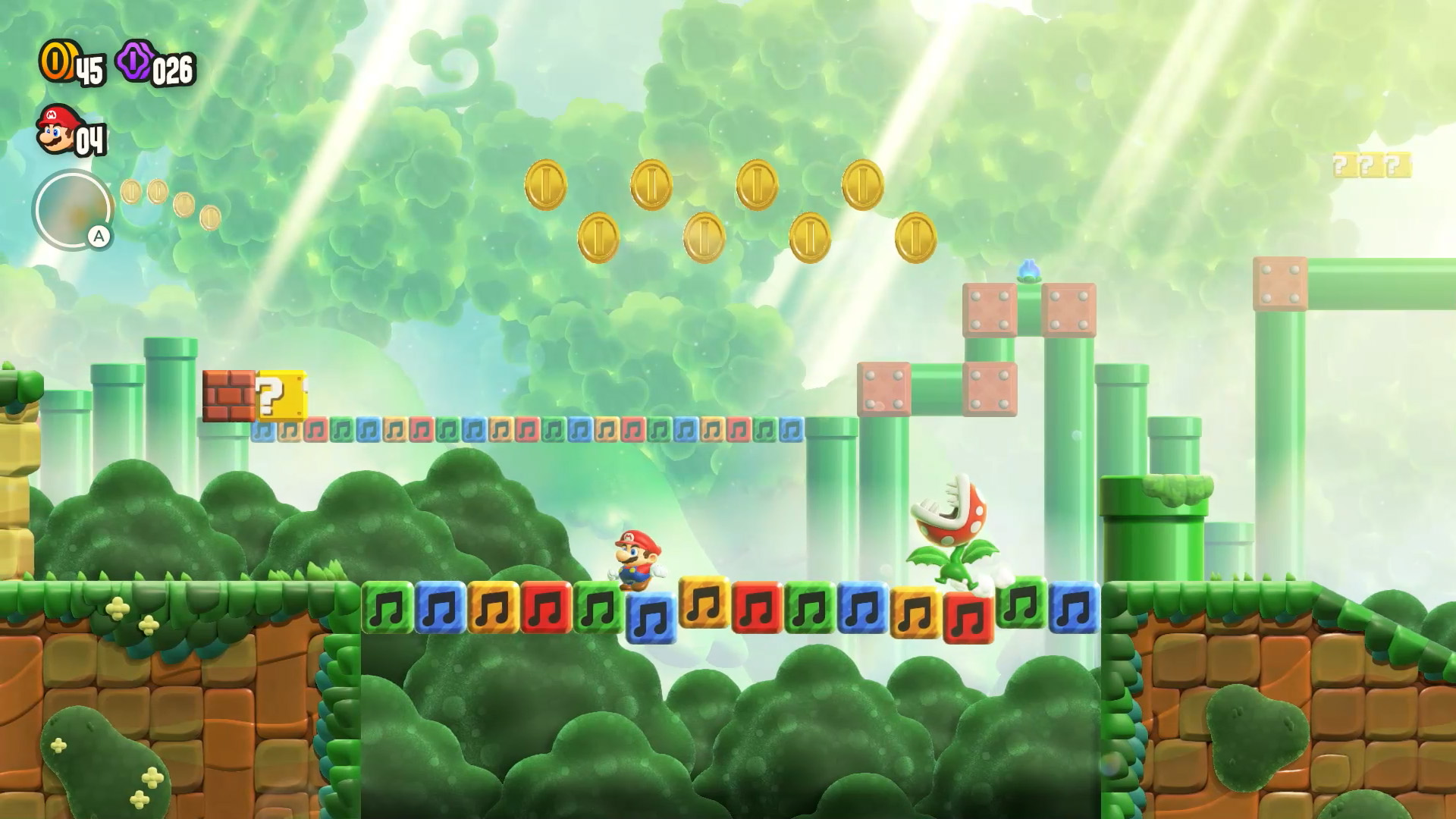 Mario in einem grünen Waldlevel mit Münzen und Noten.