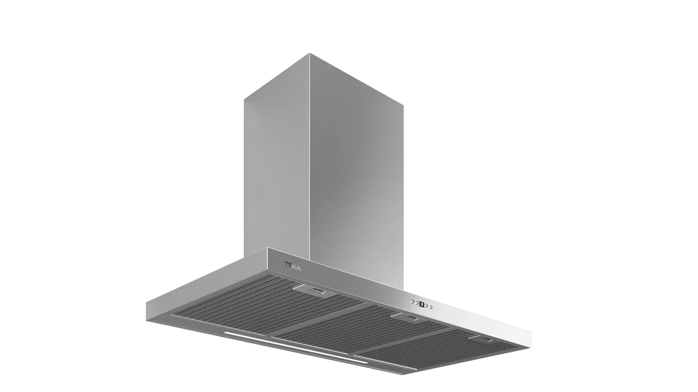 Se muestra una campana extractora de acero inoxidable, con la marca "TEKA" visible.