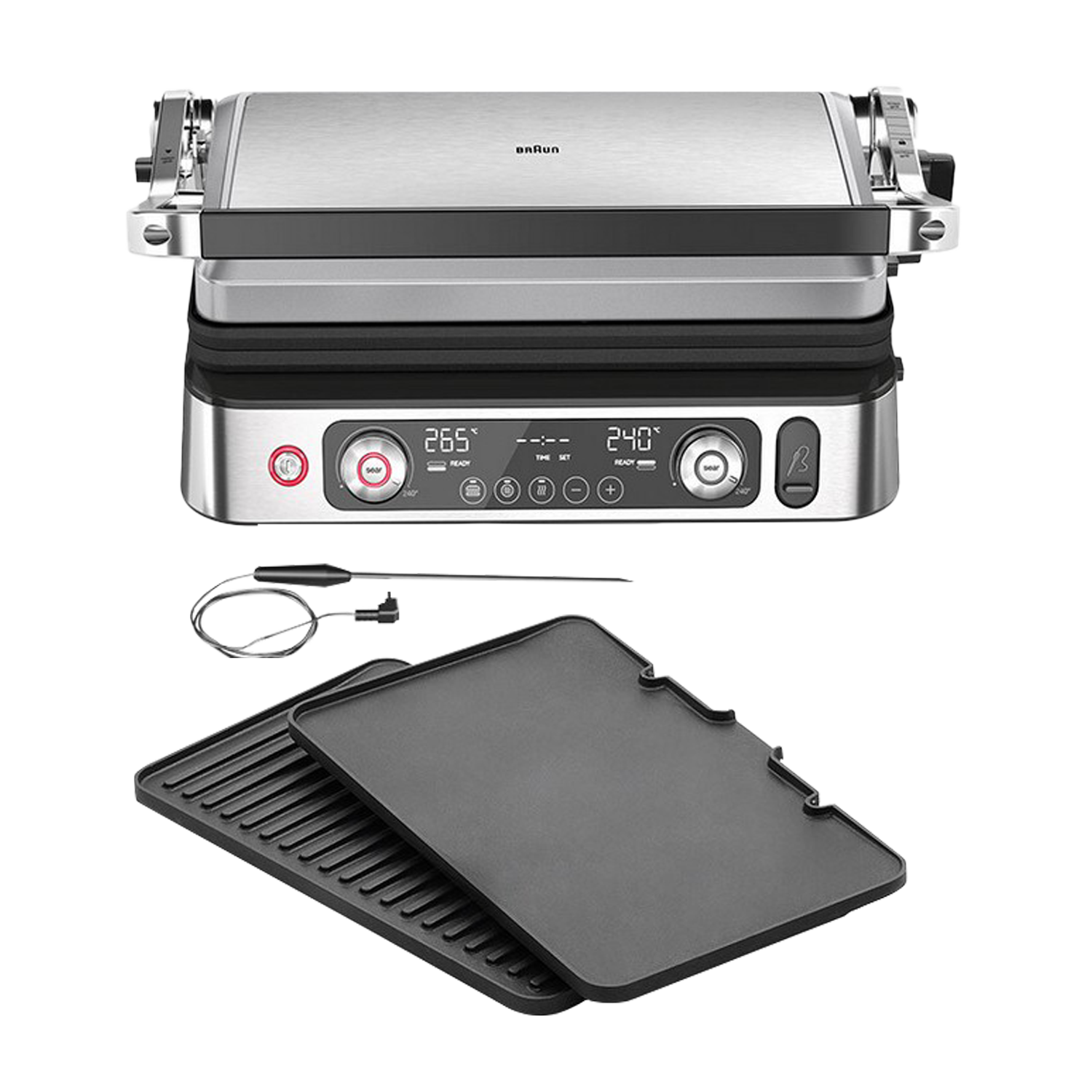 Roestvrijstalen Braun grill met twee platen, temperatuur- en timerweergave. De platen zijn afneembaar.