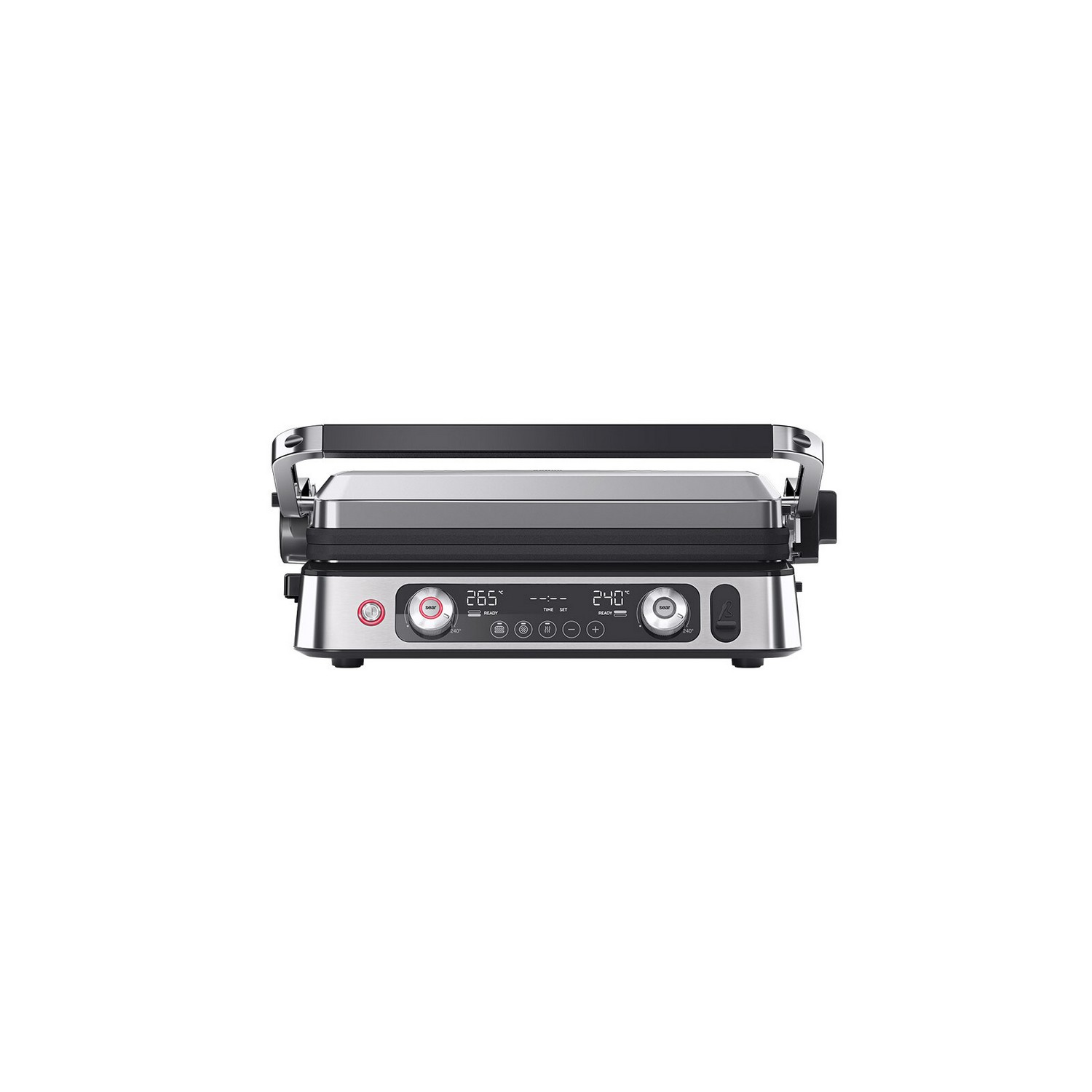 Een zilveren panini-grill met draaiknoppen en een digitaal display. De grill staat op een wit oppervlak.