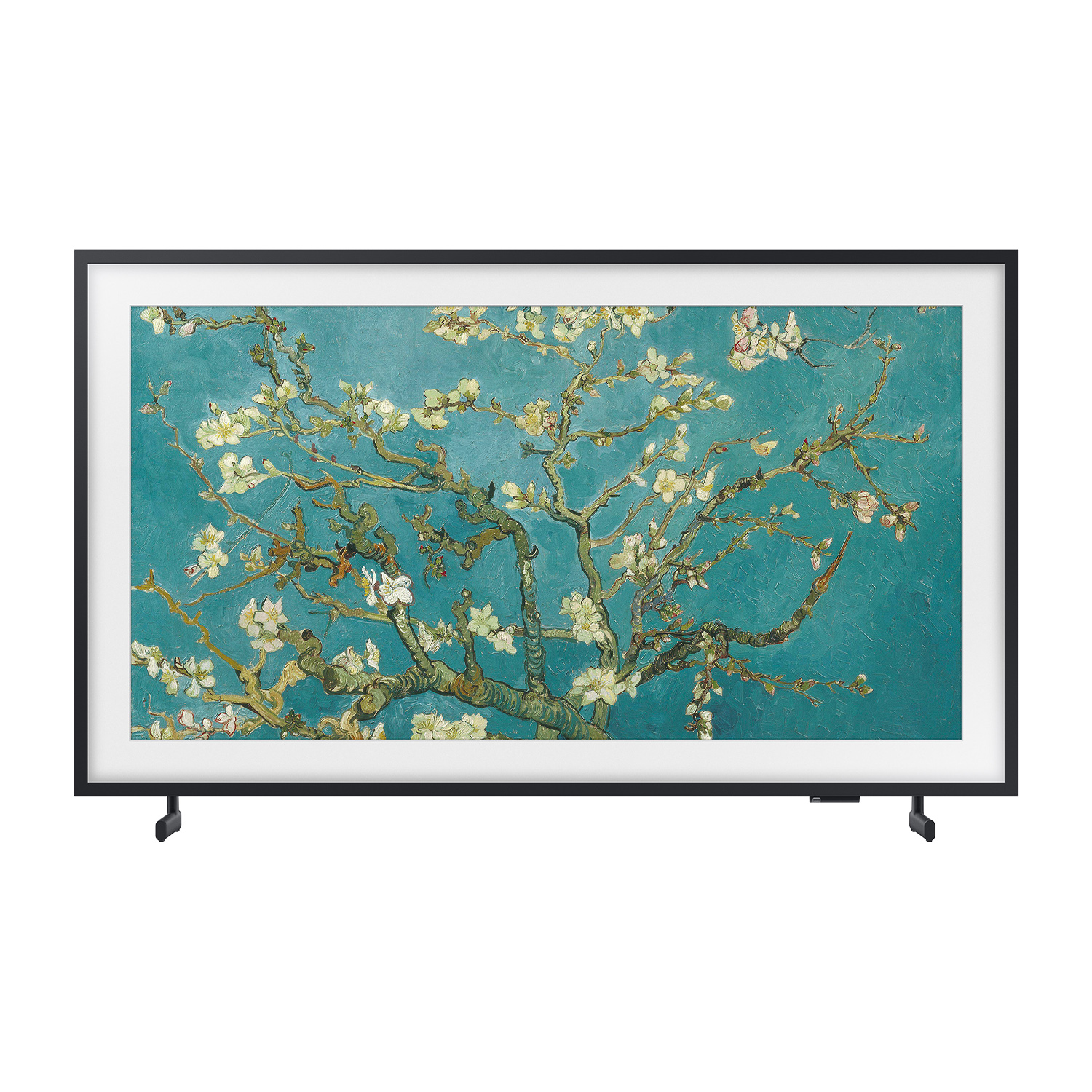 Una TV incorniciata mostra un dipinto di Van Gogh di un mandorlo in fiore, su sfondo verde acqua.