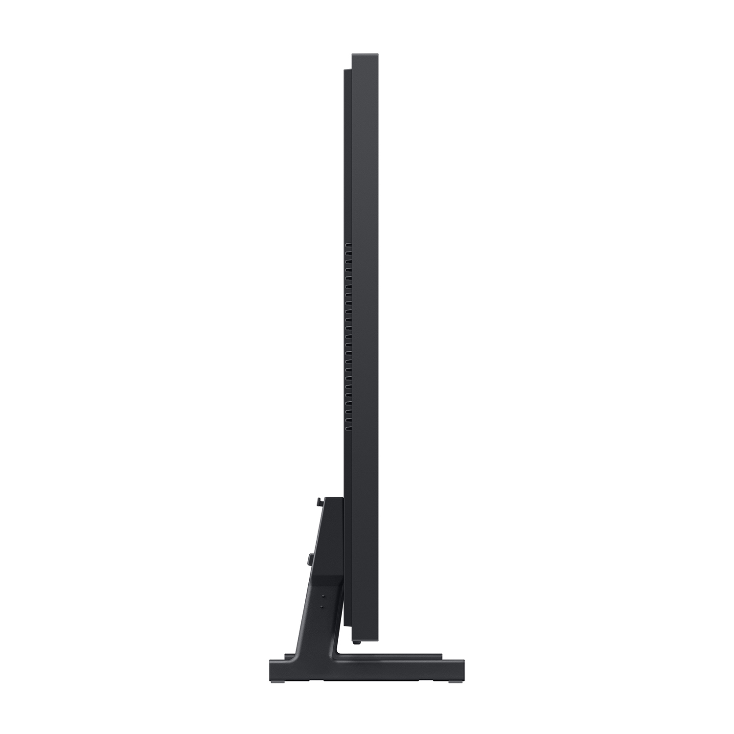 Una vista laterale di un monitor nero con supporto su sfondo bianco.