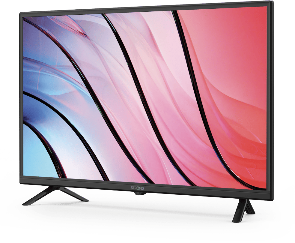 Ein schwarzer Strong-Fernseher zeigt ein abstraktes Design in Pink, Rot und Blau. Der Fernseher steht auf schwarzen Beinen vor grünem Hintergrund.
