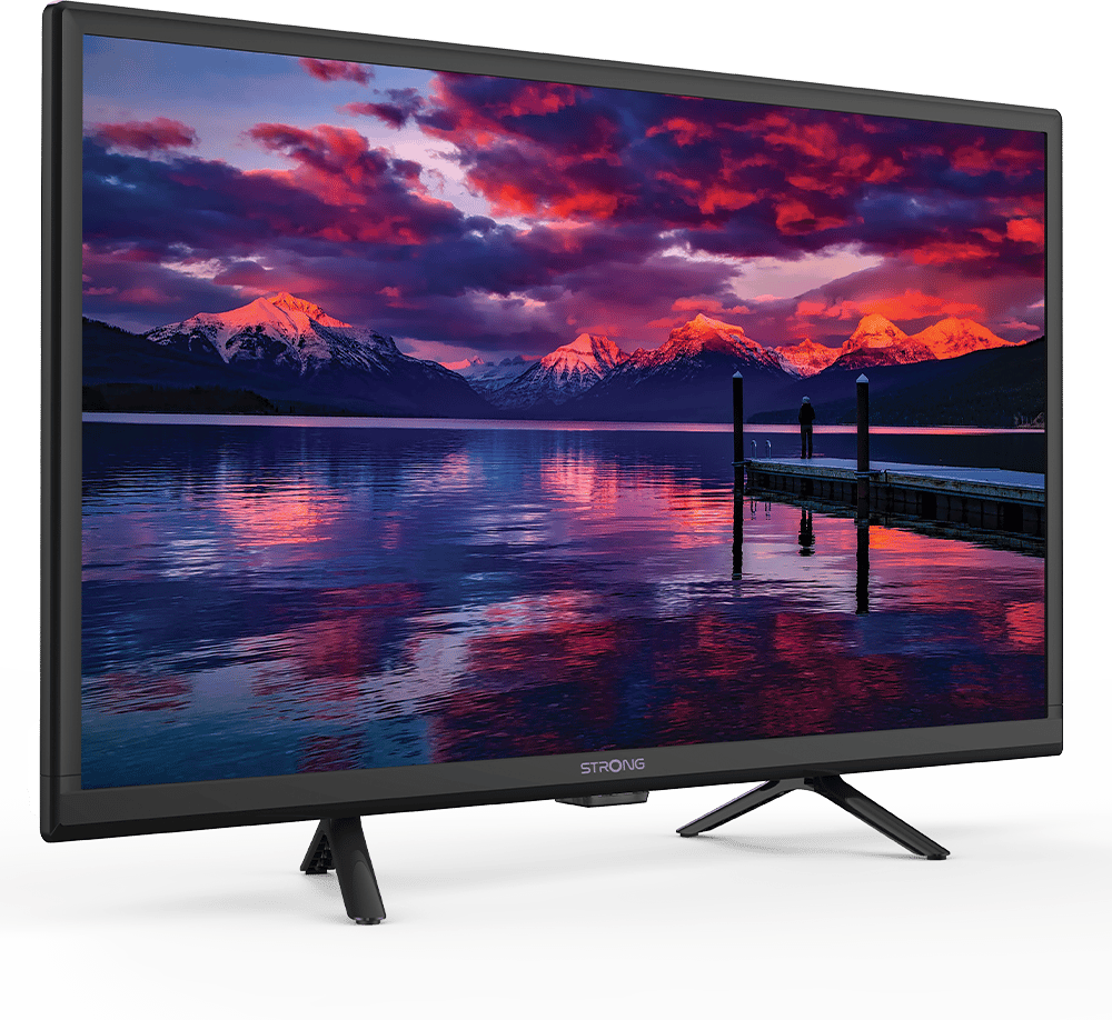 Fernseher mit Landschaft auf dem Bildschirm. Es ist ein See mit Steg und Person.