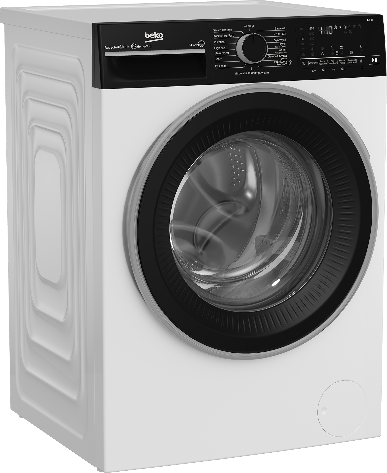 Biała pralka. Czarne drzwi i panel sterowania. Widoczne logo 'Beko'.