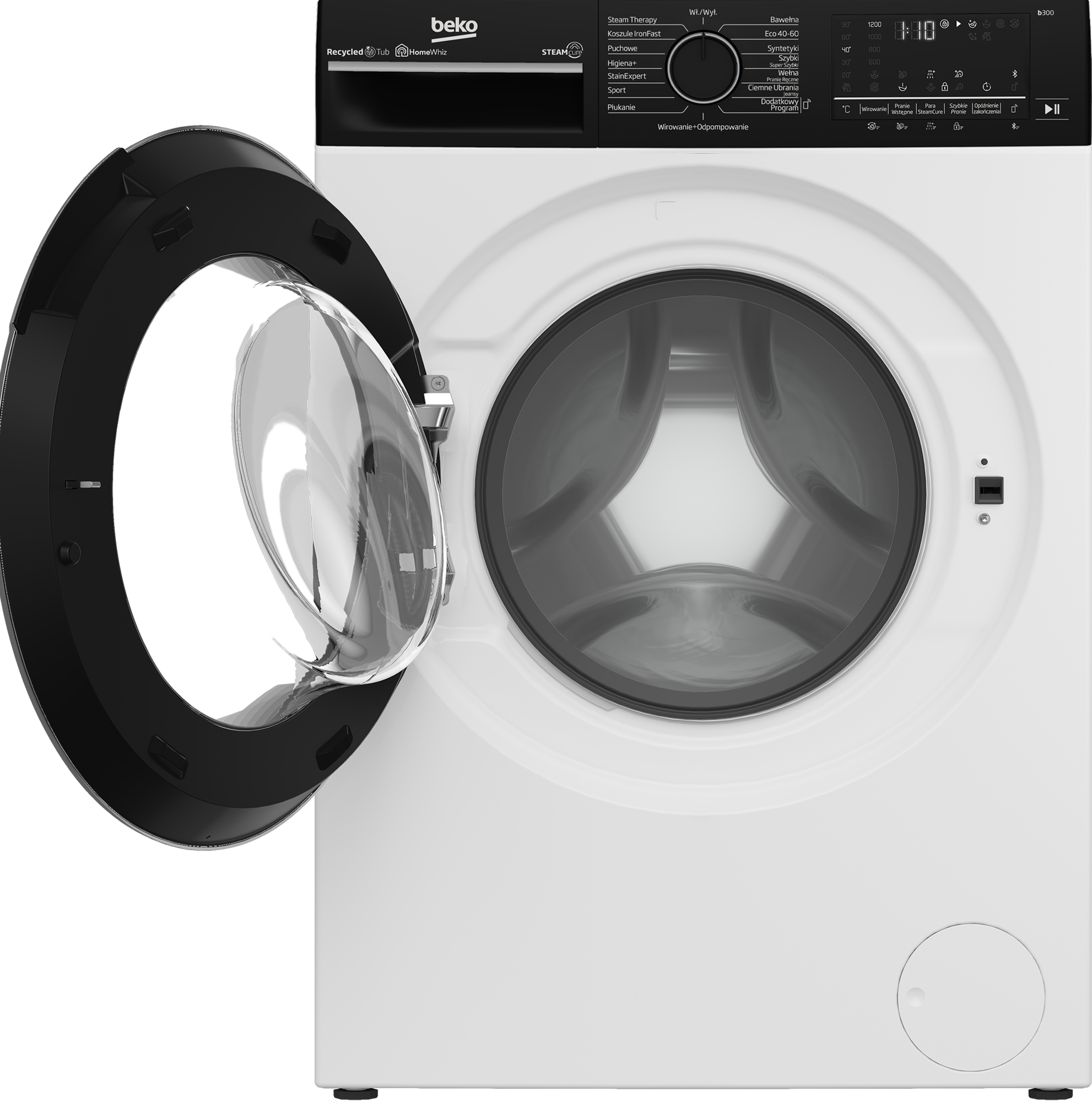 Biała pralka z otwartymi drzwiami, pokazująca wnętrze.