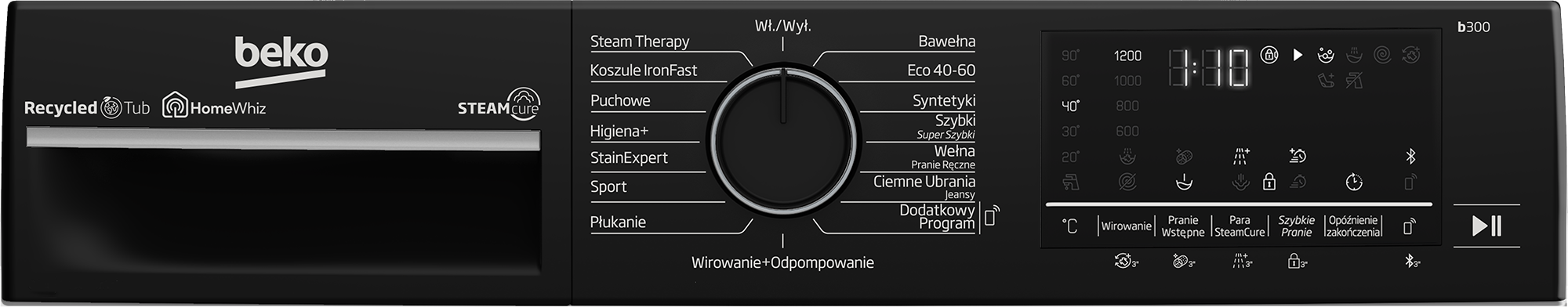 Czarny panel sterowania pralki Beko z różnymi opcjami programów i wyświetlaczem.