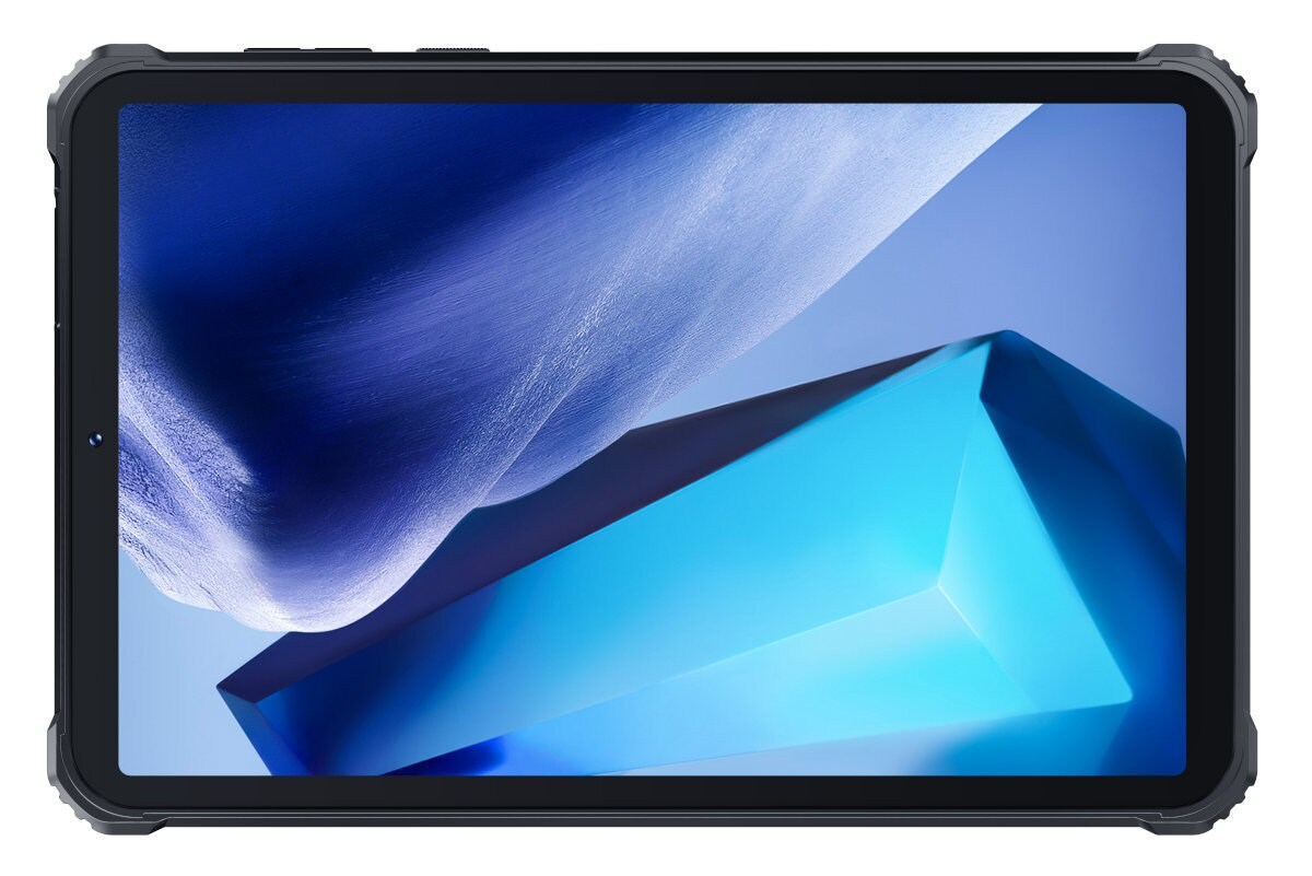 Tablet z czarną ramką. Ekran wyświetla niebiesko-białą sztukę abstrakcyjną.