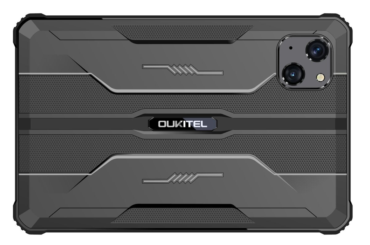 Ciemnoszary tablet Oukitel. Tył ma teksturowany wzór z wypukłością aparatu i logo Oukitel.