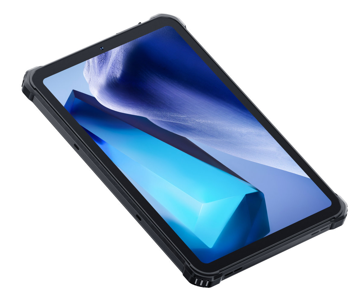 Czarny tablet wyświetlający niebiesko-biały abstrakcyjny wzór, pod kątem na białej powierzchni.