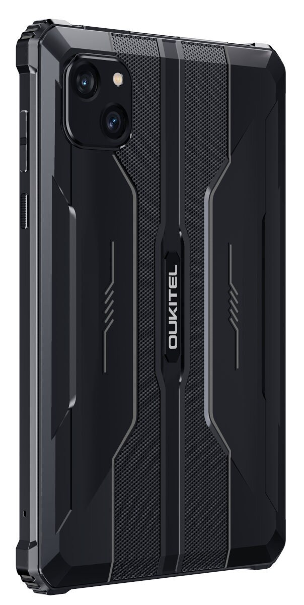 Czarny futerał na telefon Oukitel. Posiada wytrzymałą konstrukcję z podwójnym aparatem i logo Oukitel. Jest głównie czarny.