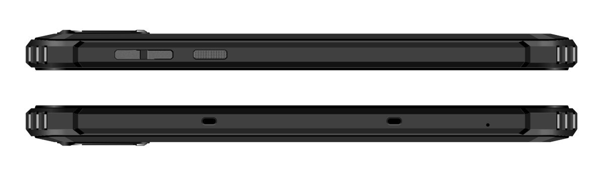 Dwie czarne strony smartfona z przyciskami i portami. Wytrzymała konstrukcja z teksturowanymi krawędziami, widok z boku.
