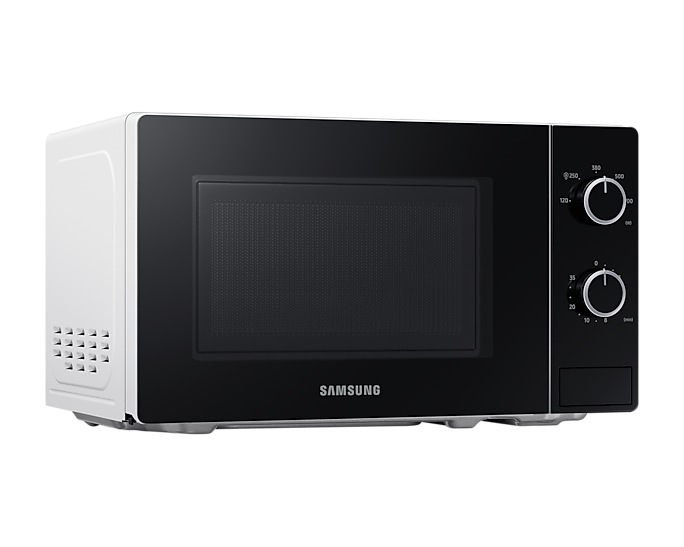 Fehér-fekete Samsung mikrohullámú sütő sötét háttér előtt. Forgatógombok és fogantyú.