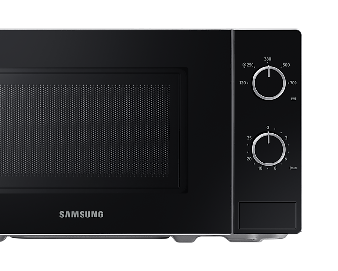 Fekete mikrohullámú sütő, elölnézet. Gombok és Samsung logó látható. Fekete háttér.