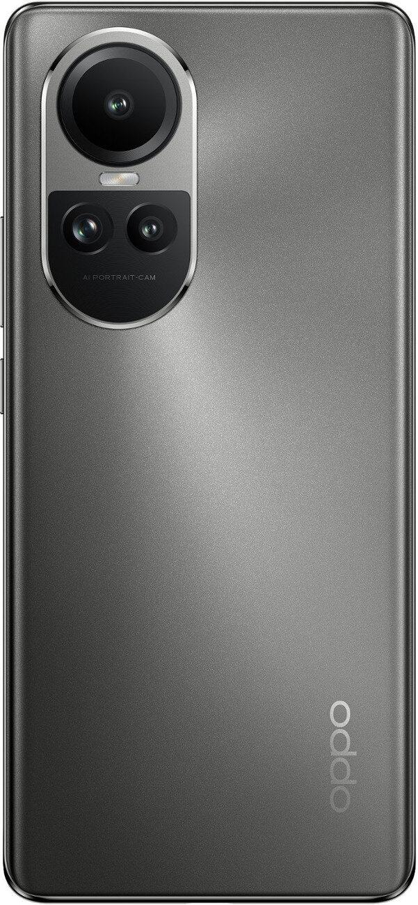 Szary telefon z modułem aparatu. Moduł aparatu ma dwie soczewki. Widoczna jest marka OPPO.
