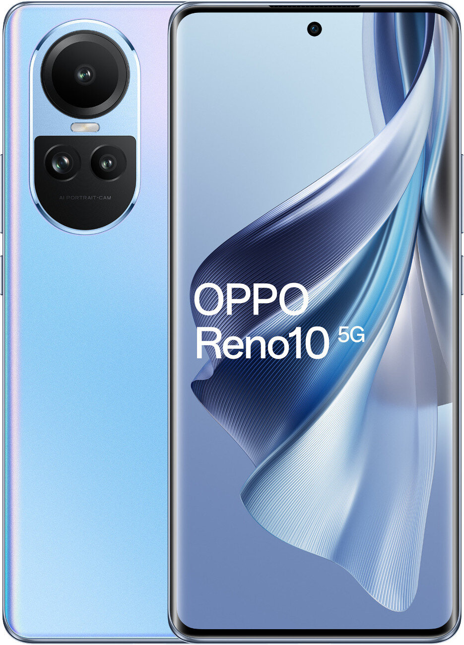 Jasnoniebieski telefon OPPO Reno10 5G. Z tyłu trzy aparaty, z przodu zakrzywiony ekran. Tekst: OPPO Reno10 5G.