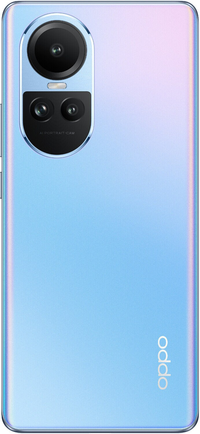 Jasnoniebieski tył telefonu Oppo. Posiada moduł kamery z obiektywami i logo 'Oppo'.