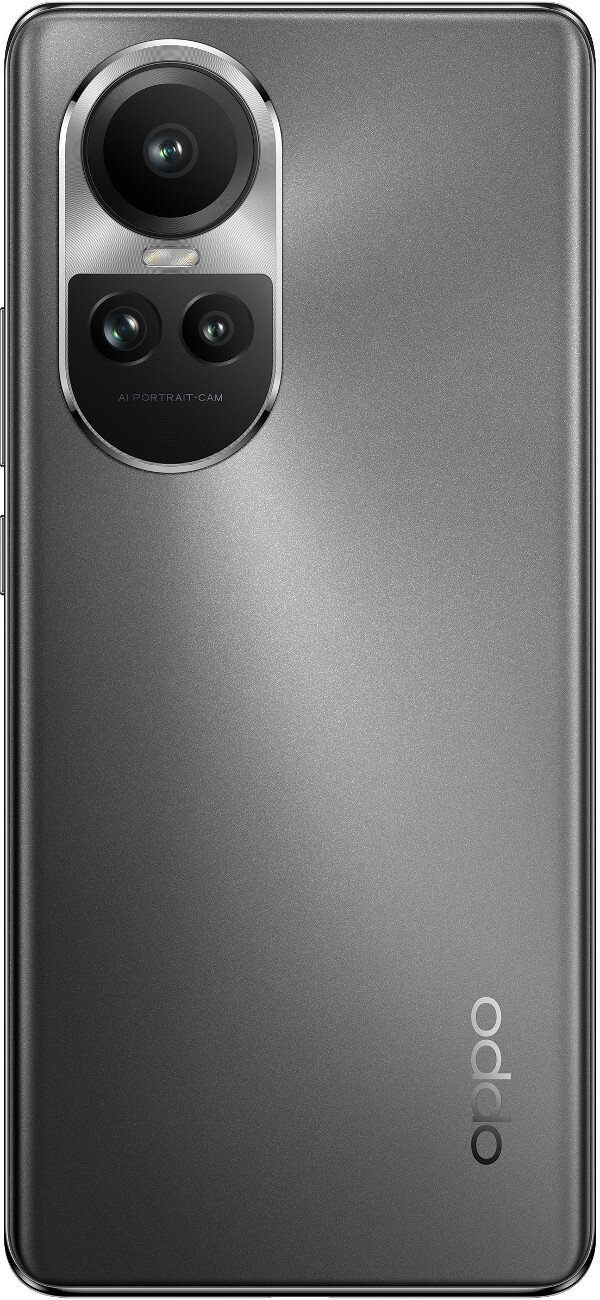 Tył szarego smartfona z aparatem i logo Oppo.