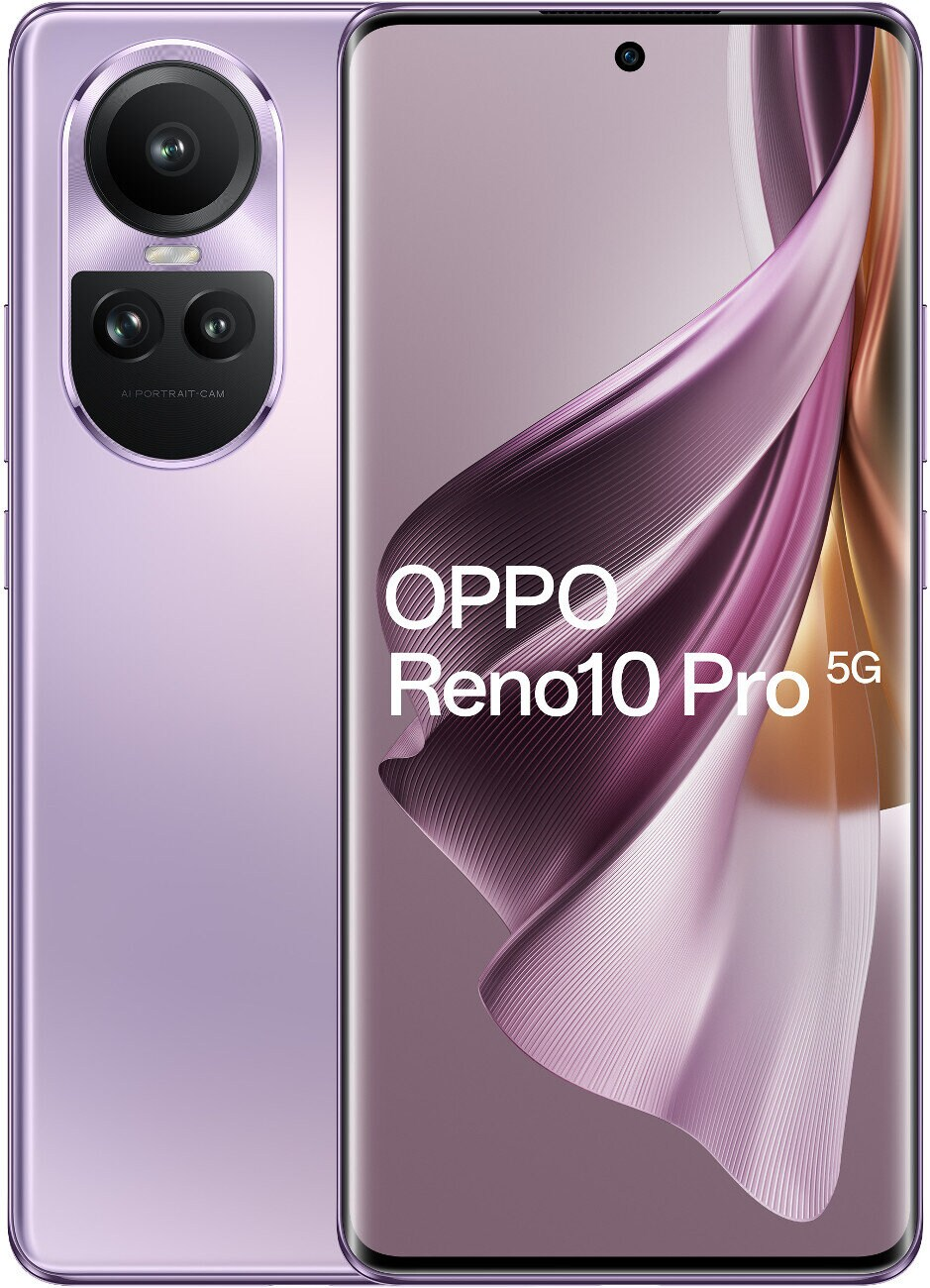 Fioletowy telefon Oppo Reno10 Pro 5G. Posiada potrójny aparat, aparat portretowy i zakrzywiony ekran.