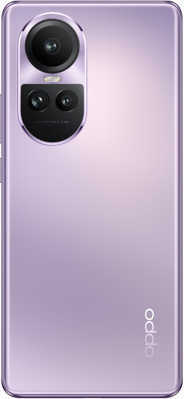 Tył fioletowego smartfona Oppo. Ma konfigurację aparatu i logo Oppo.