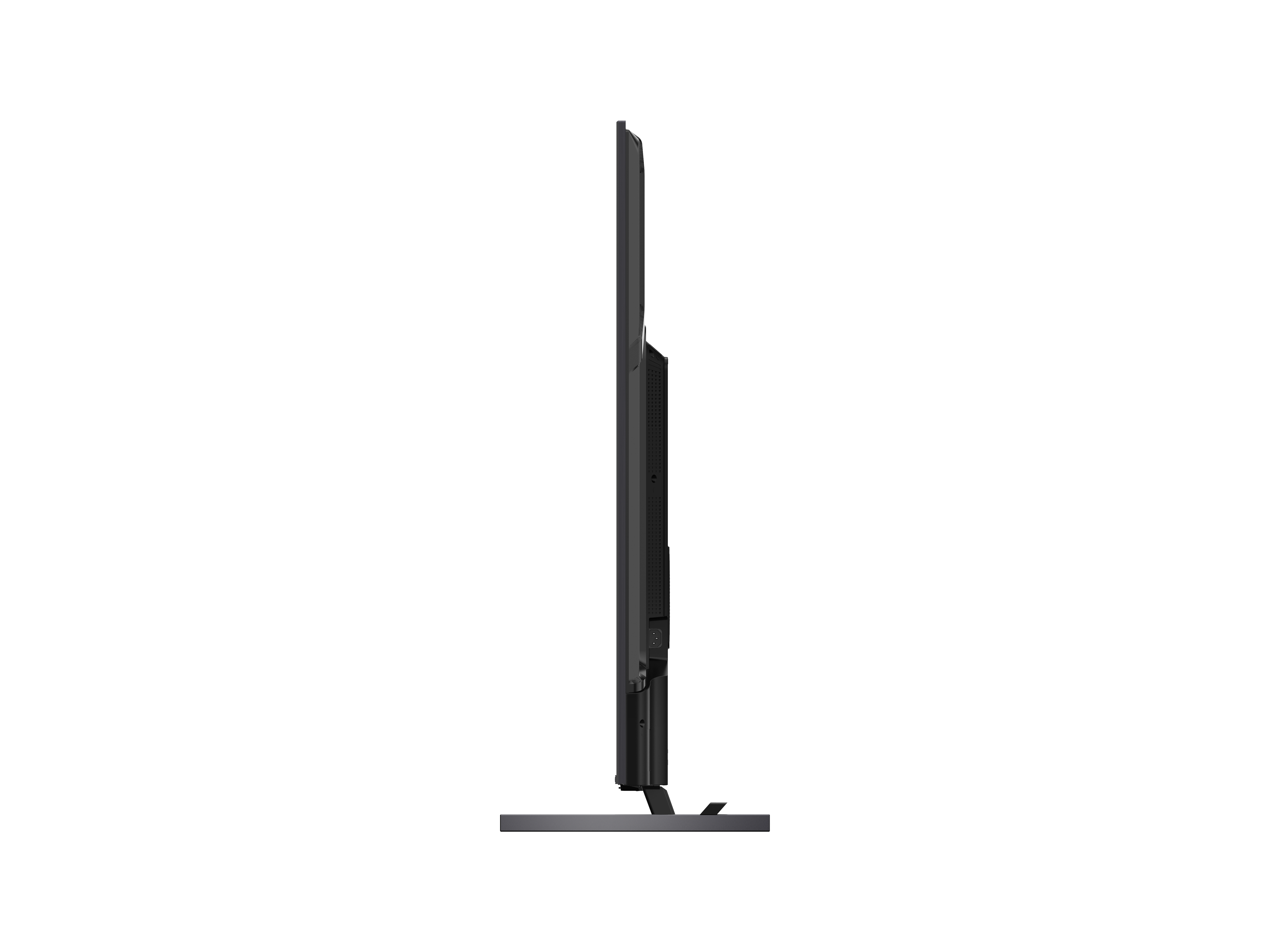 Ein schwarzer Fernseher von der Seite, auf einem Ständer stehend, mit weißem Hintergrund.
