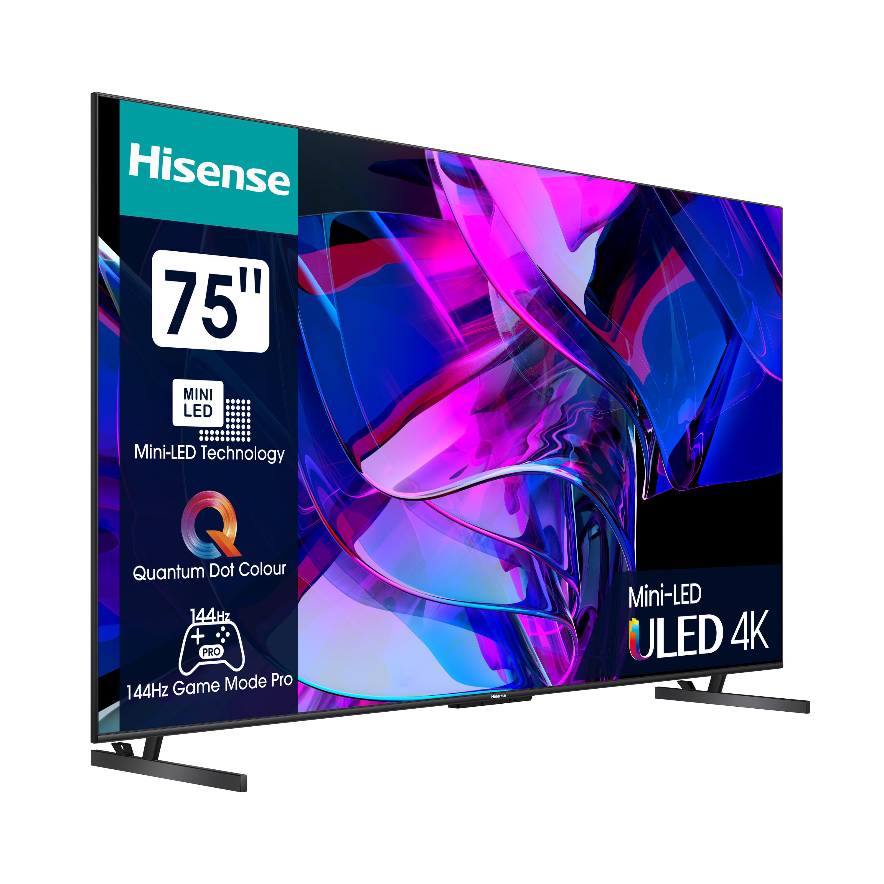 Hisense 75" Fernseher mit Mini-LED, Quantum Dot und 144Hz Game Mode Pro, zeigt abstrakte bunte Bilder.