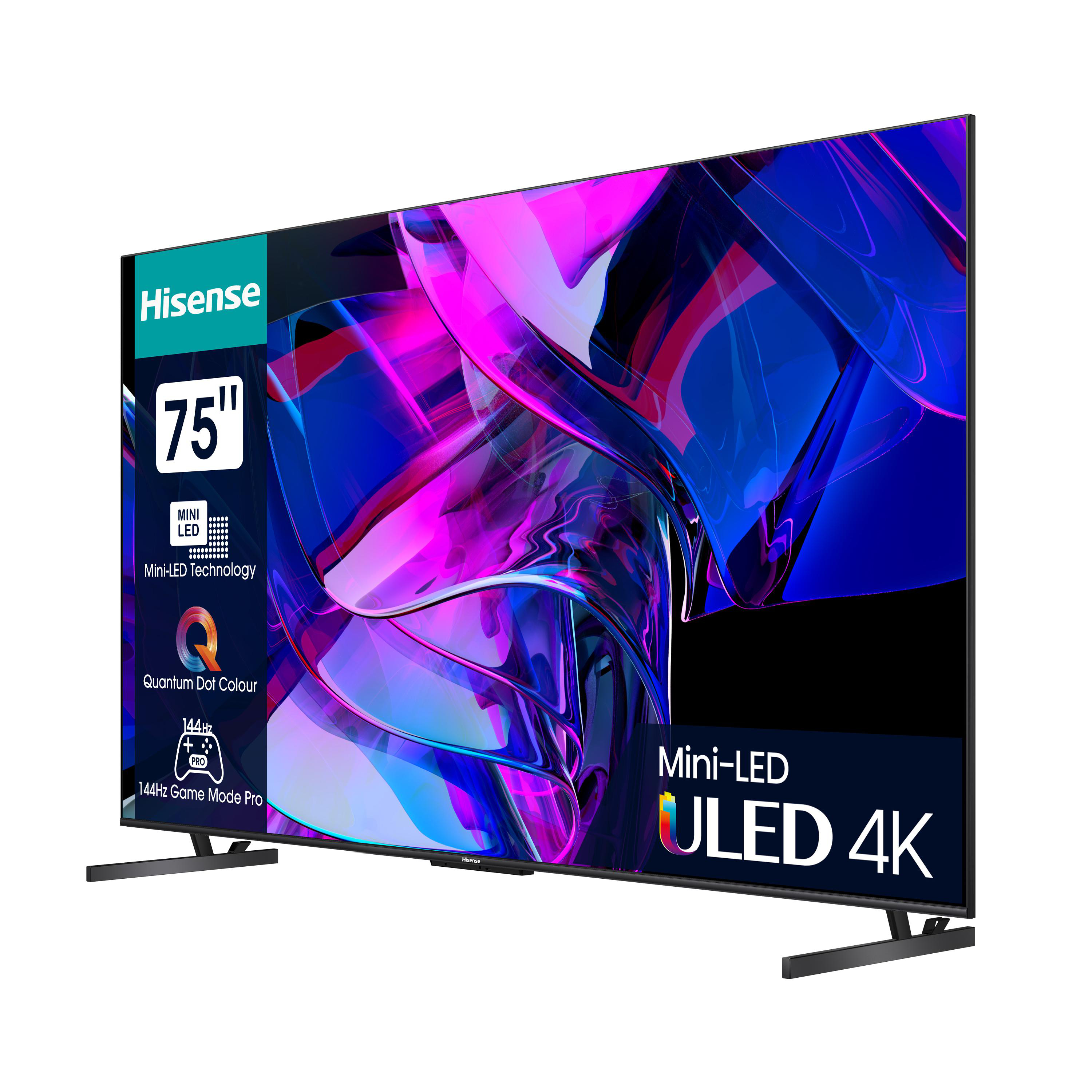 75" Hisense-Fernseher mit Mini-LED, ULED 4K und Spielemodus-Funktionen, Winkelansicht.