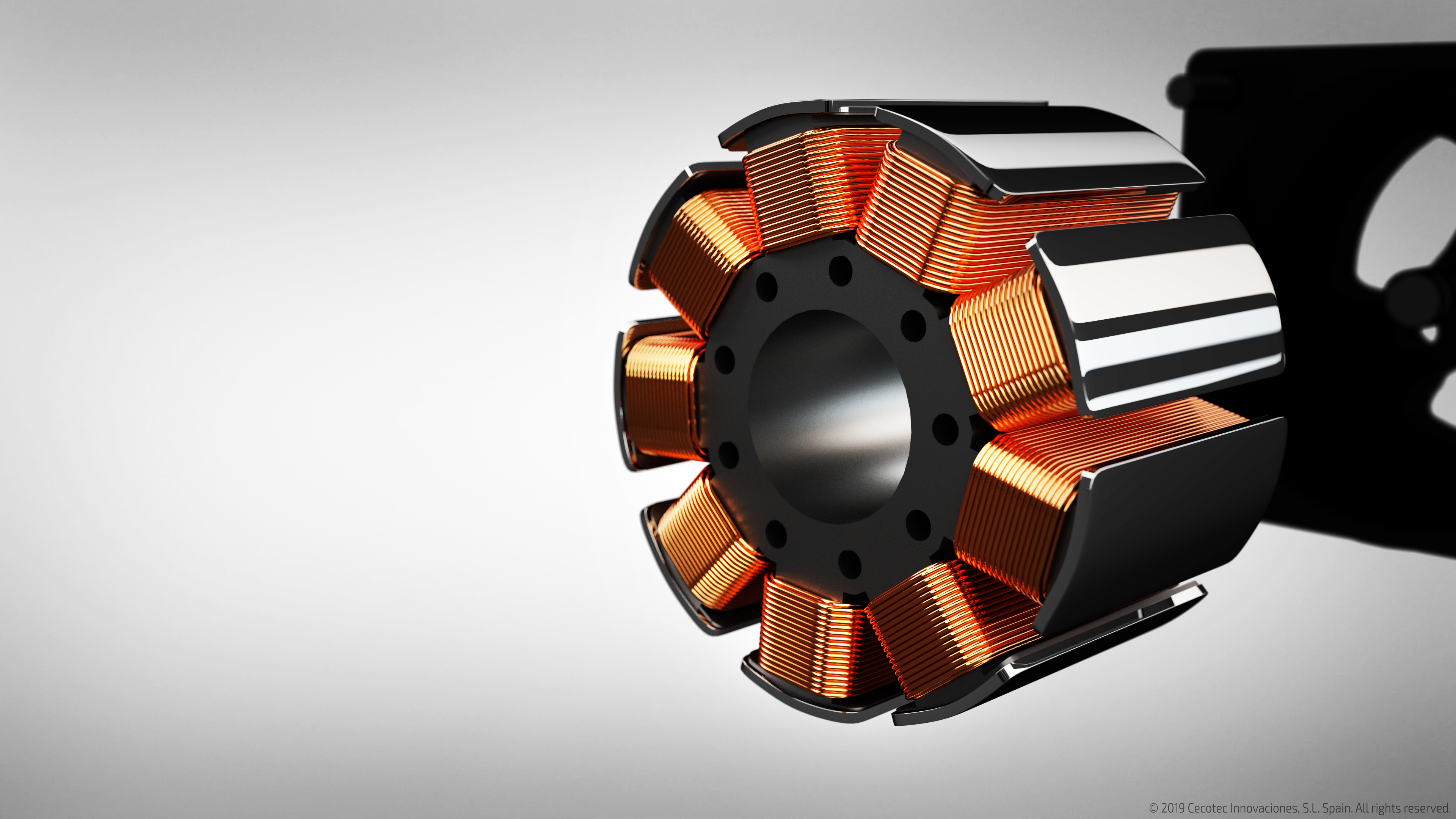 Primer plano de un componente de motor eléctrico negro y cobre.
