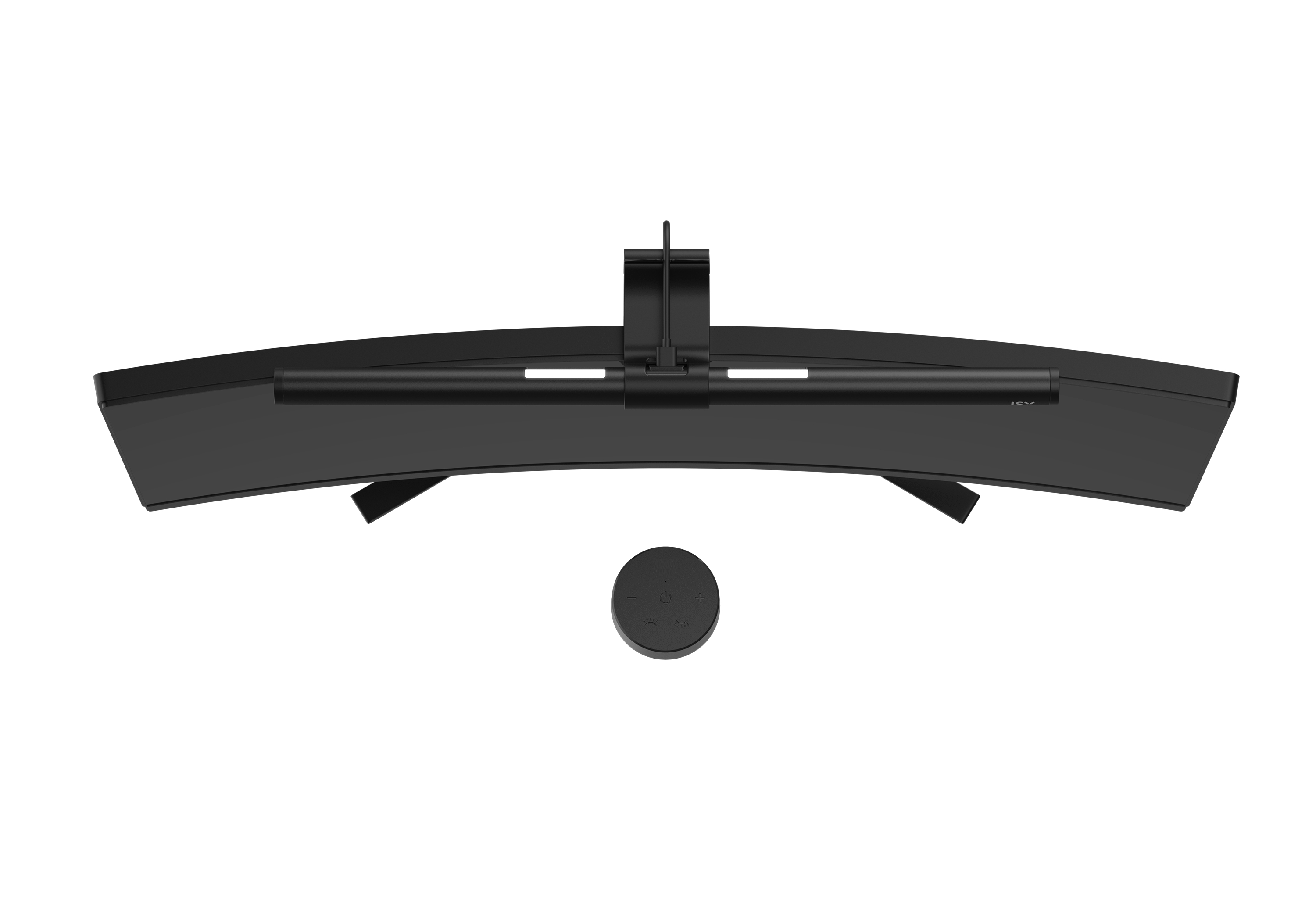 Ein gebogener schwarzer Computermonitor mit Lampe oben und Steuerwahl unten, alles auf weißem Untergrund.