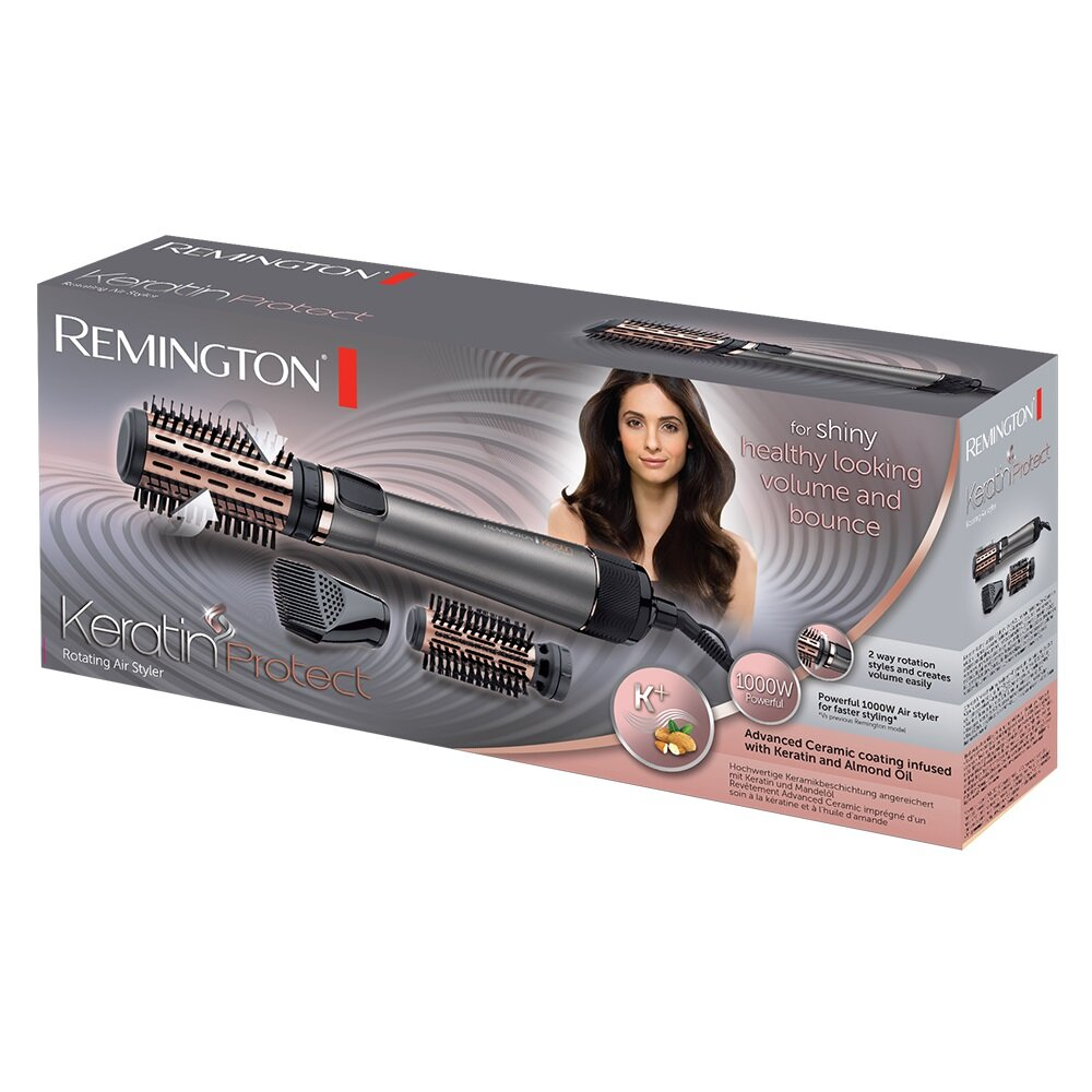 Pudełko Remington Keratin Protect z zdjęciem kobiety. Pokazuje styler i akcesoria. Białe tło.