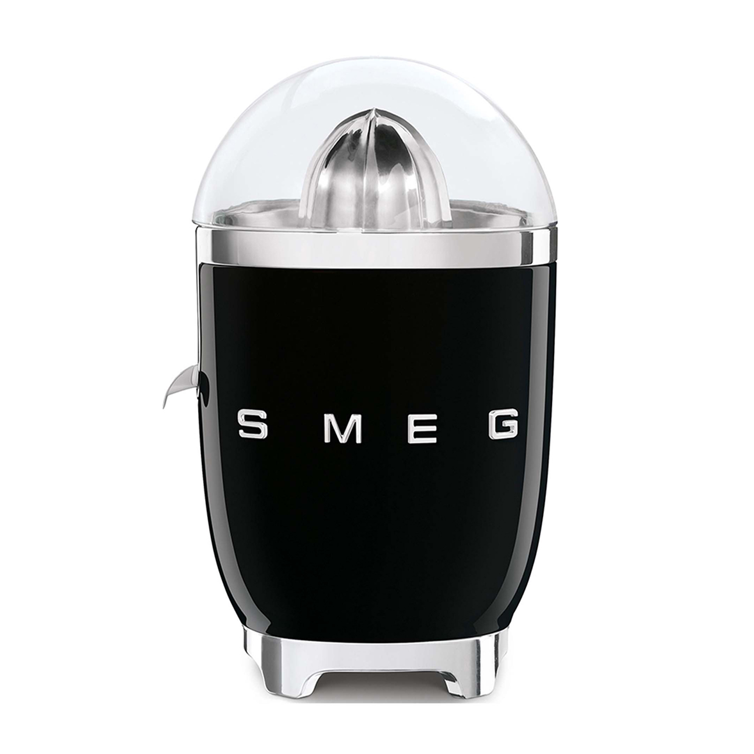 Spremiagrumi SMEG nero e cromato con cupola trasparente su sfondo bianco.
