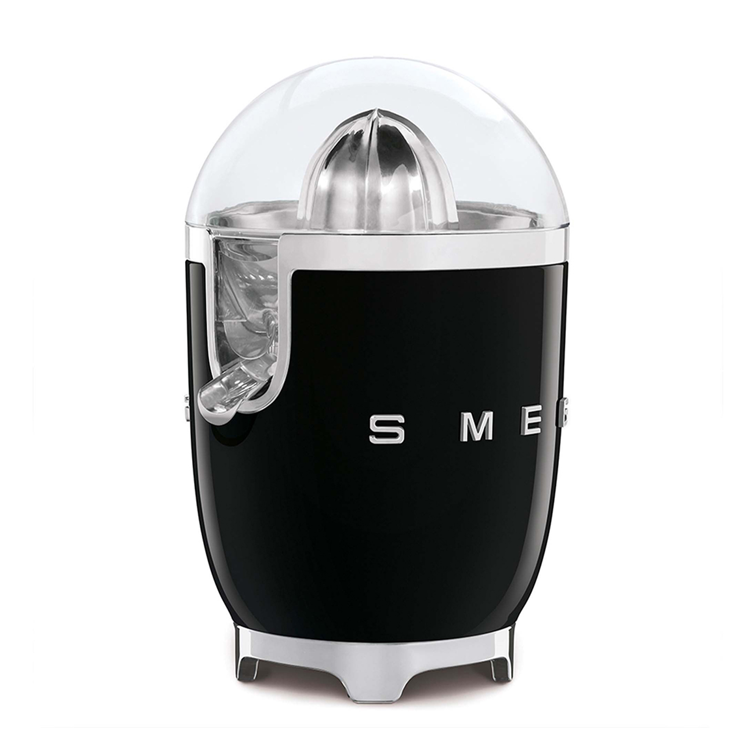 Spremiagrumi SMEG nero con cupola trasparente, dettagli argentati e sfondo bianco.