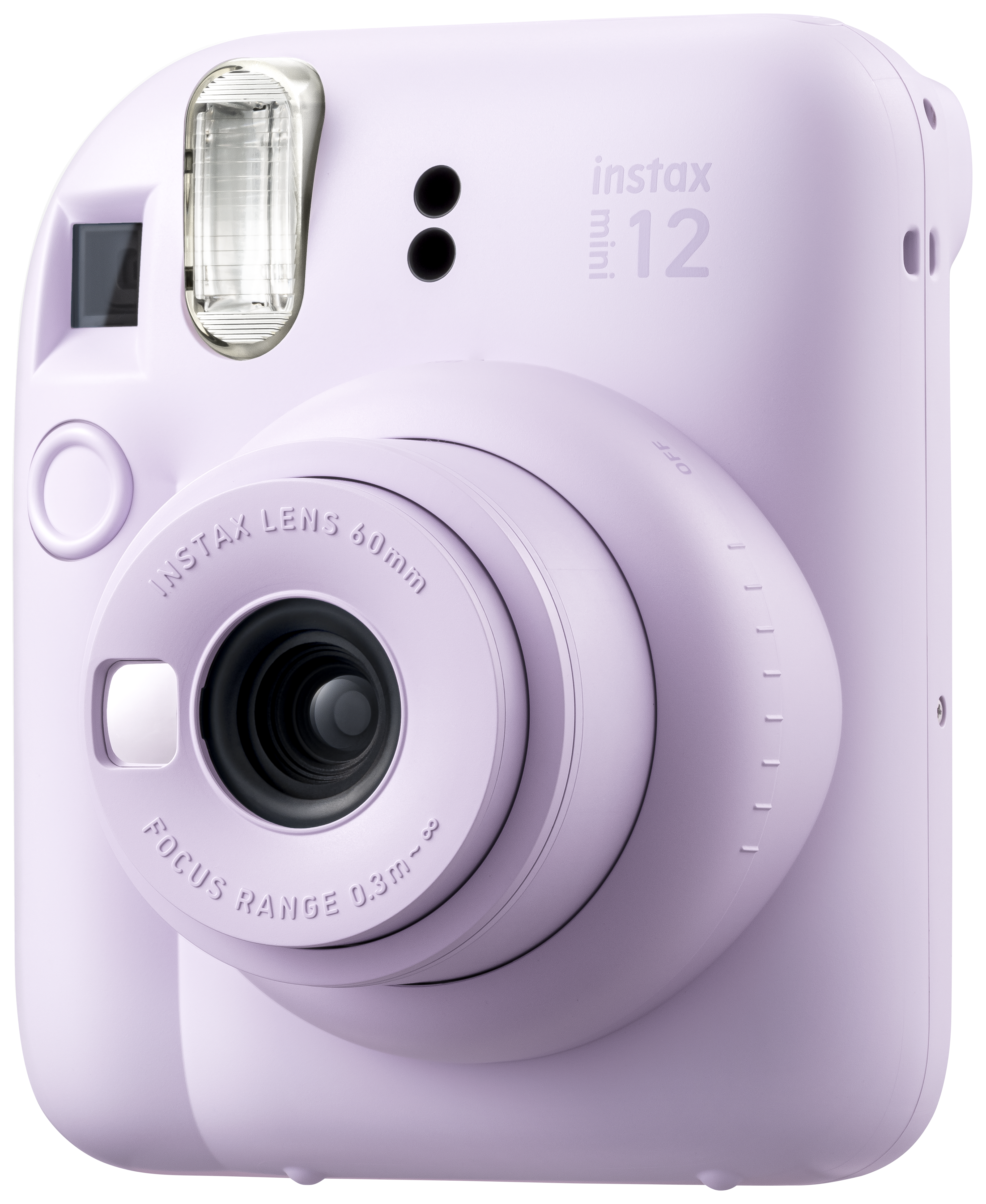 Lila Instax Mini 12 Sofortbildkamera mit Objektiv, Blitz und einigen Knöpfen.