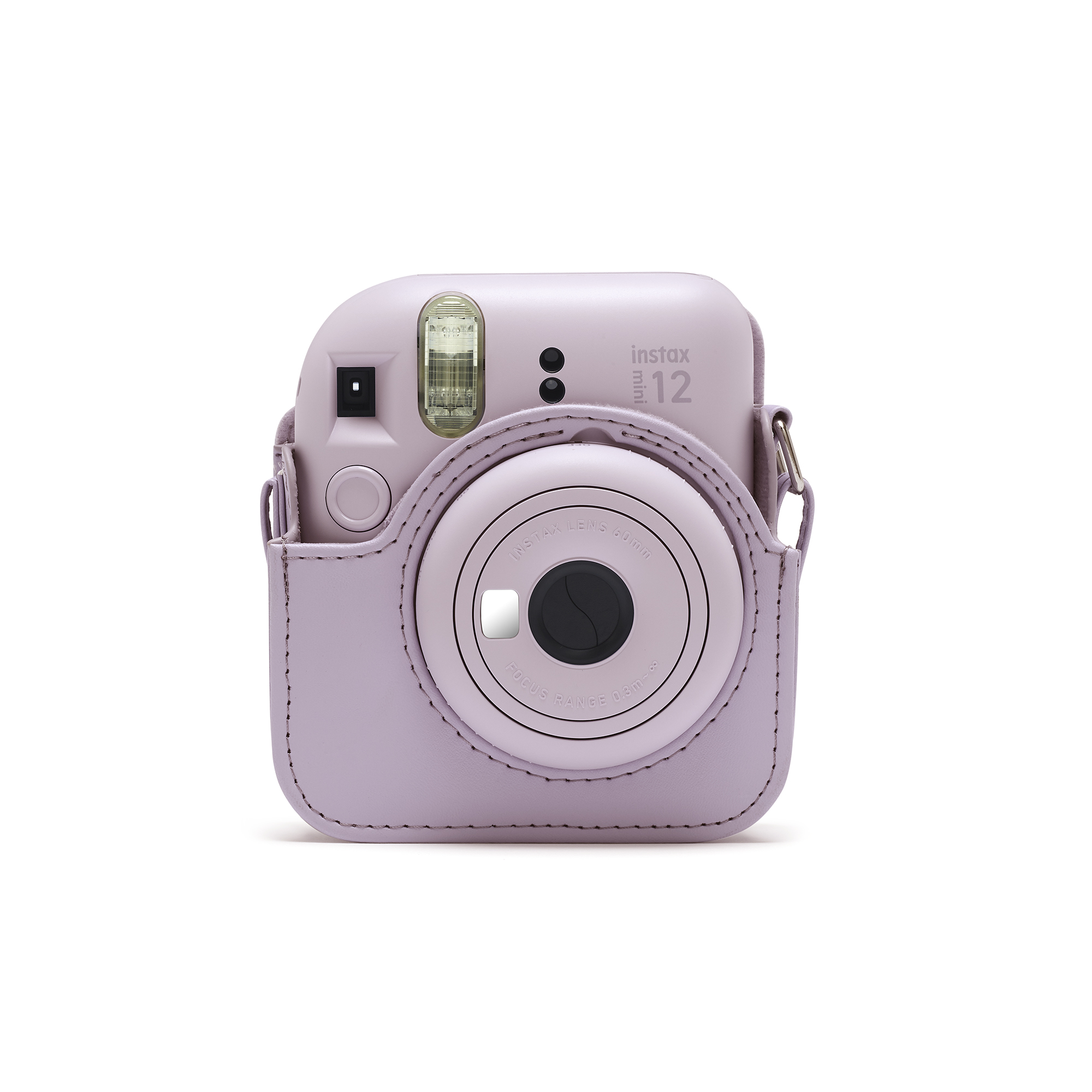 Eine hellviolette Instax 12 Kamera in einer passenden Hülle. Das Objektiv befindet sich in der Mitte.