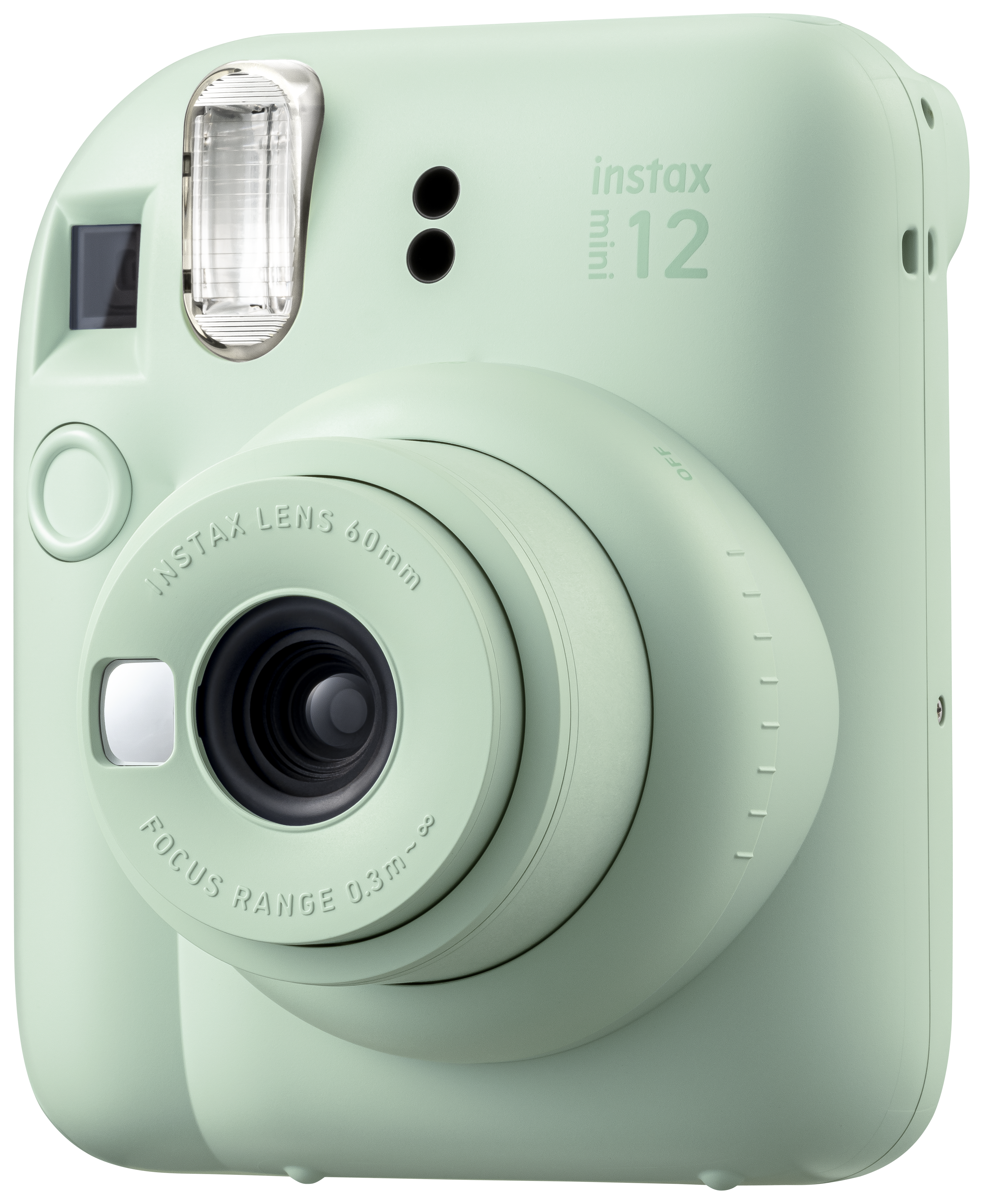 Minzgrüne Instax Mini 12 Sofortbildkamera mit Objektiv und Blitz.