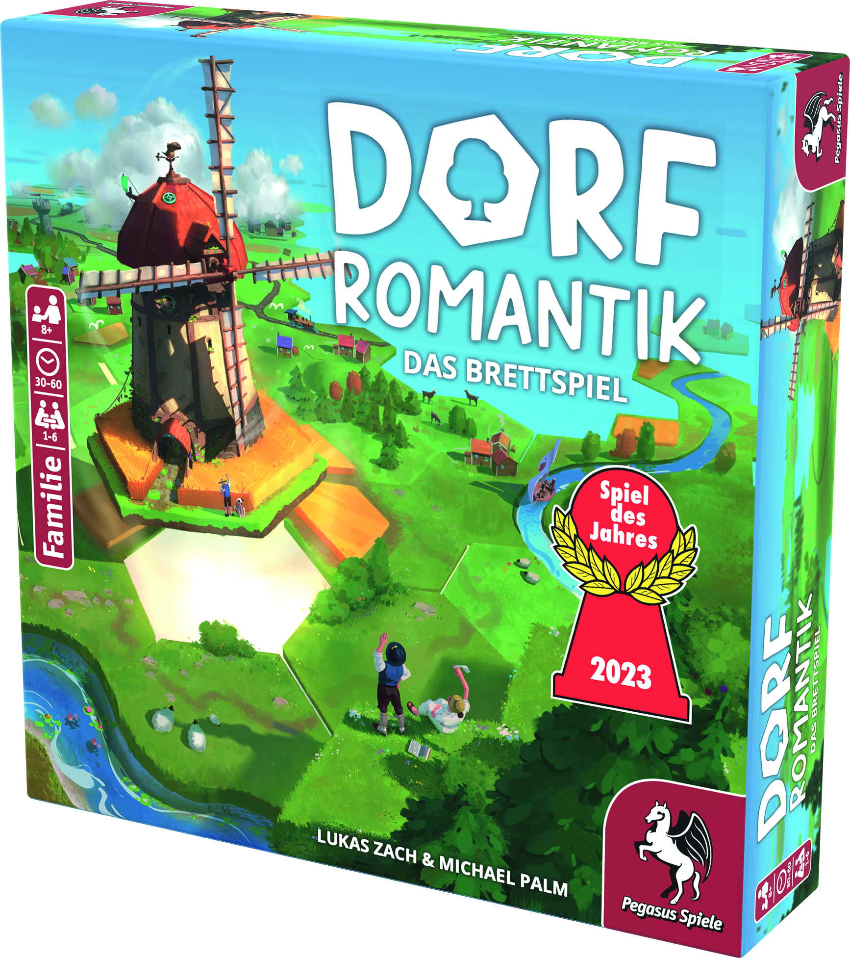Die Schachtel des Brettspiels Dorf Romantik, mit einer Windmühle, einem Fluss und zwei spielenden Personen.